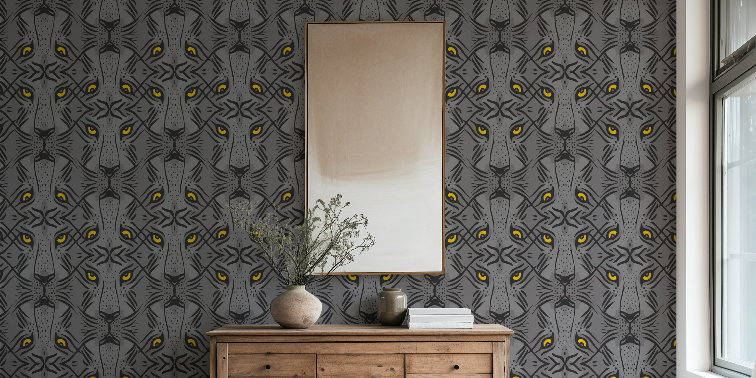 Tiger Eyes fotobehang met artistieke tijgers en opvallende gele ogen op een grijze achtergrond