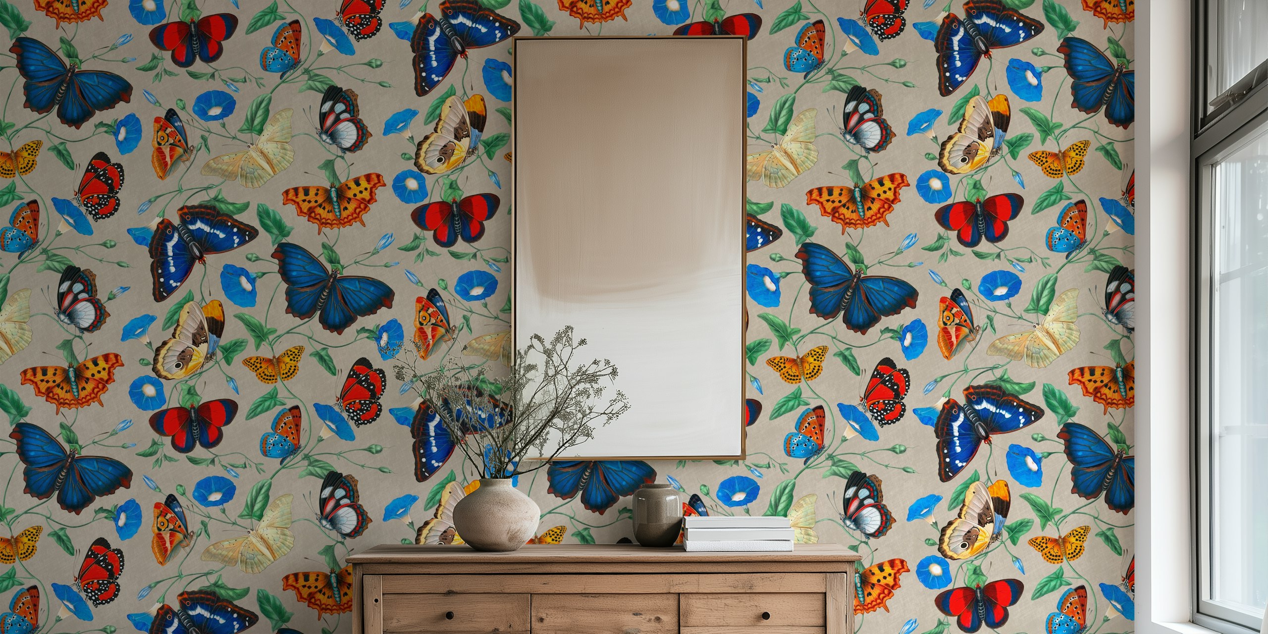 Butterfly wall mural featuring morning glory flowers in greige tones