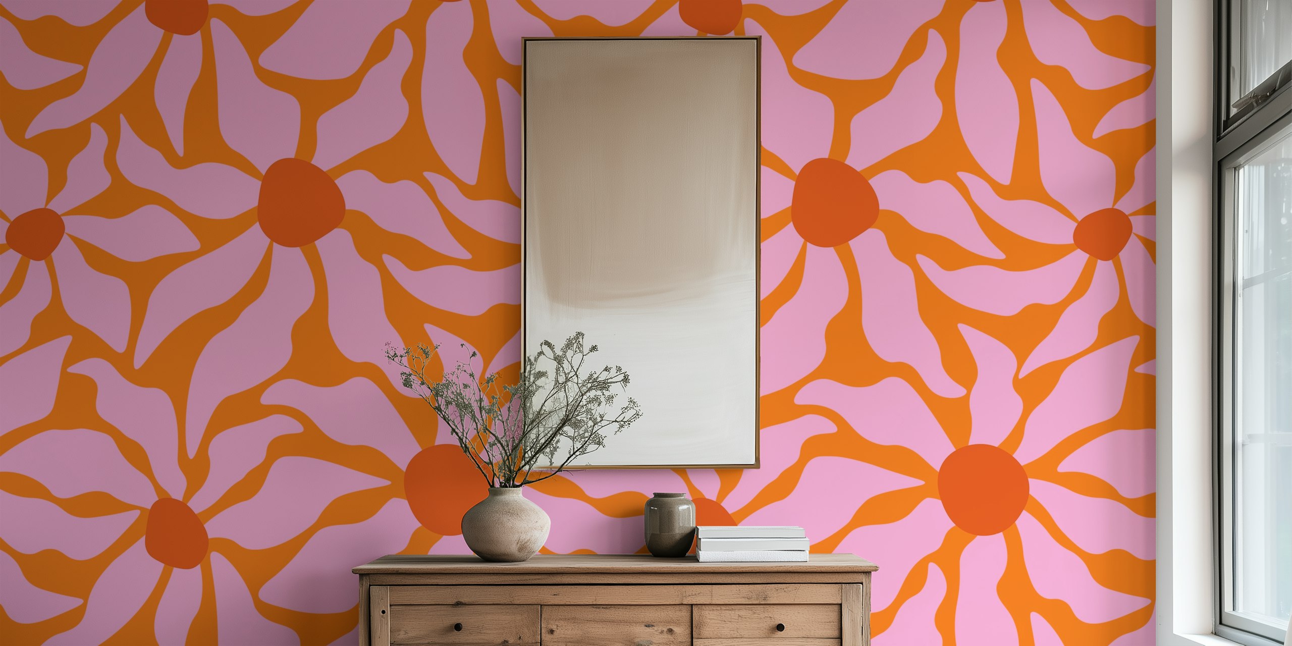 Vibrant orange and pink abstract floral wall mural with a retro groove design