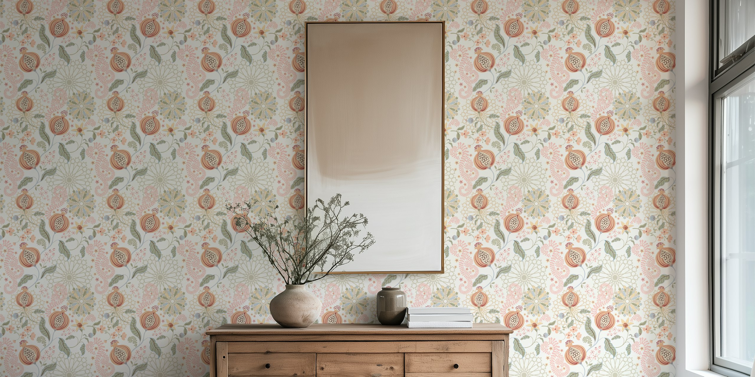 Mediterranean Pomegranate Og Blomster Tapetdesign