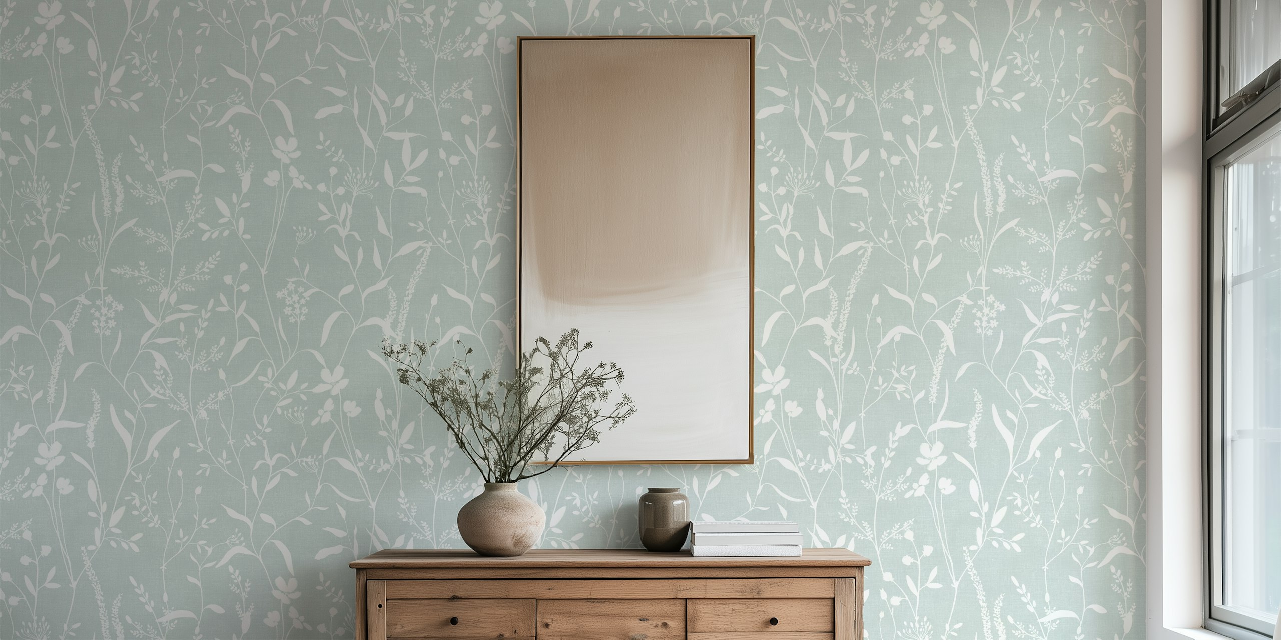 Salviavihreät kasvitieteelliset kuvitukset valkoisella taustalla seinämaalauksella