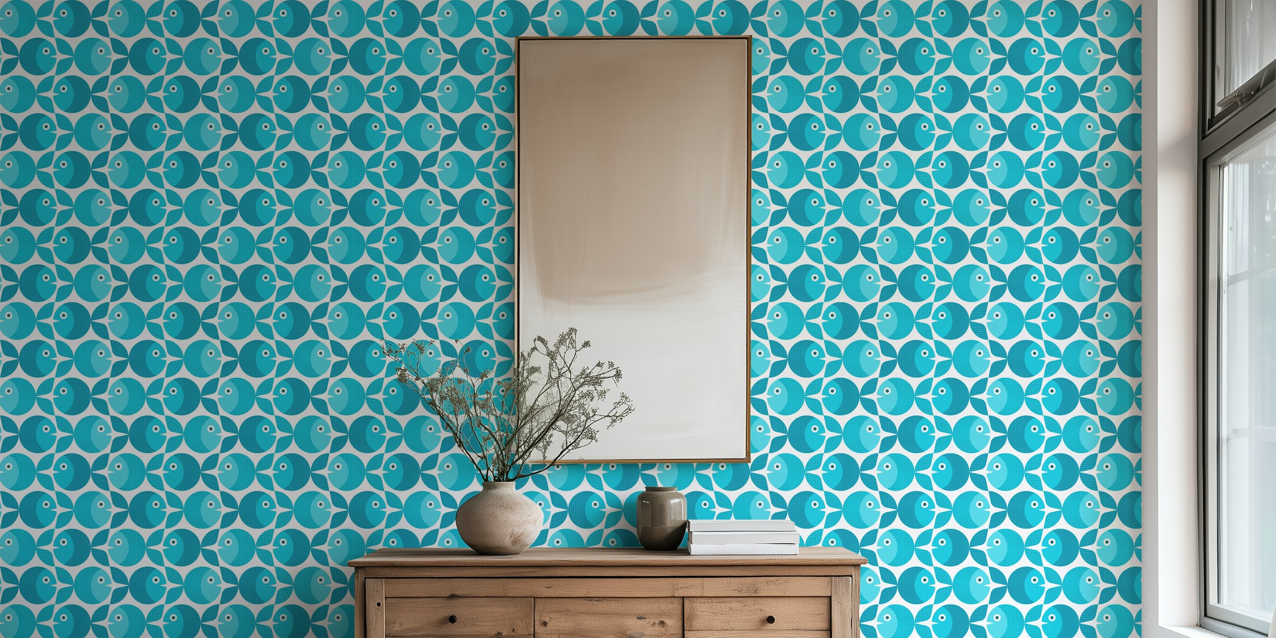Blue geometric fish pattern wallpaper with various shades of blue
