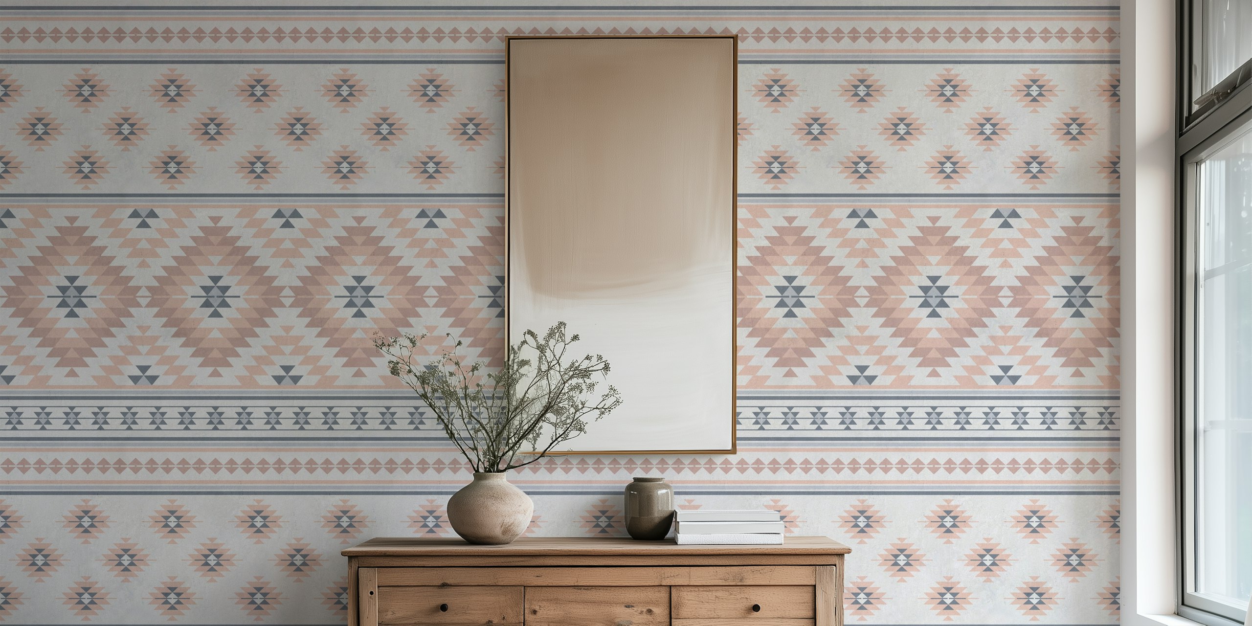 Mural de parede Kilim Stripes em Blush Pink Grey com padrões étnicos