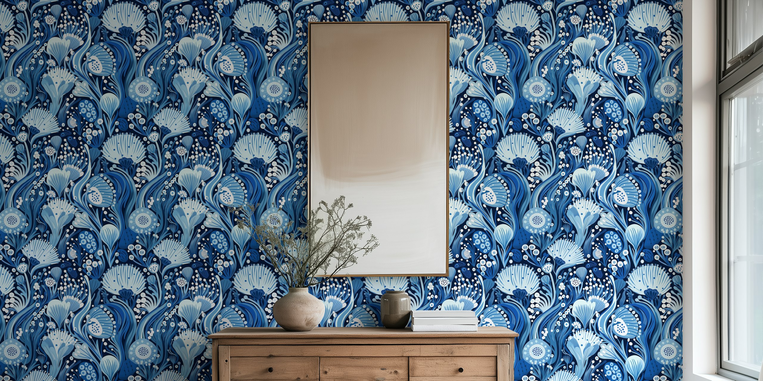 Underwater flora design featuring various blue flowers and bubbles wallpaper