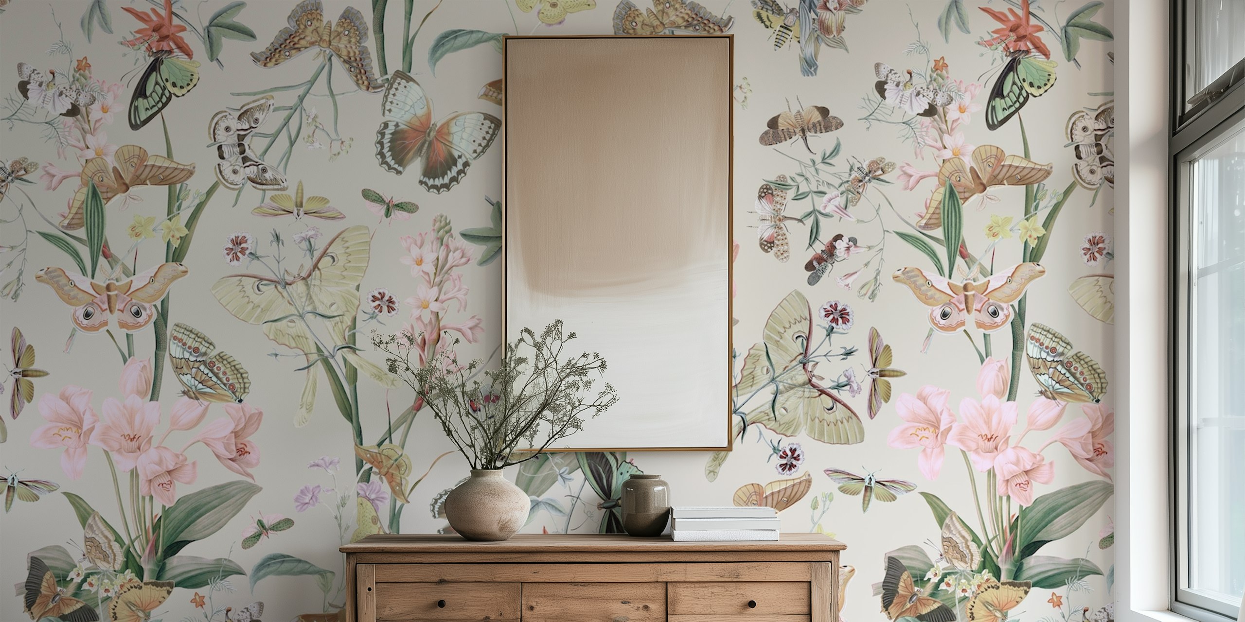Floral butterfly wallpaper featuring pink flowers and various butterflies on a light background