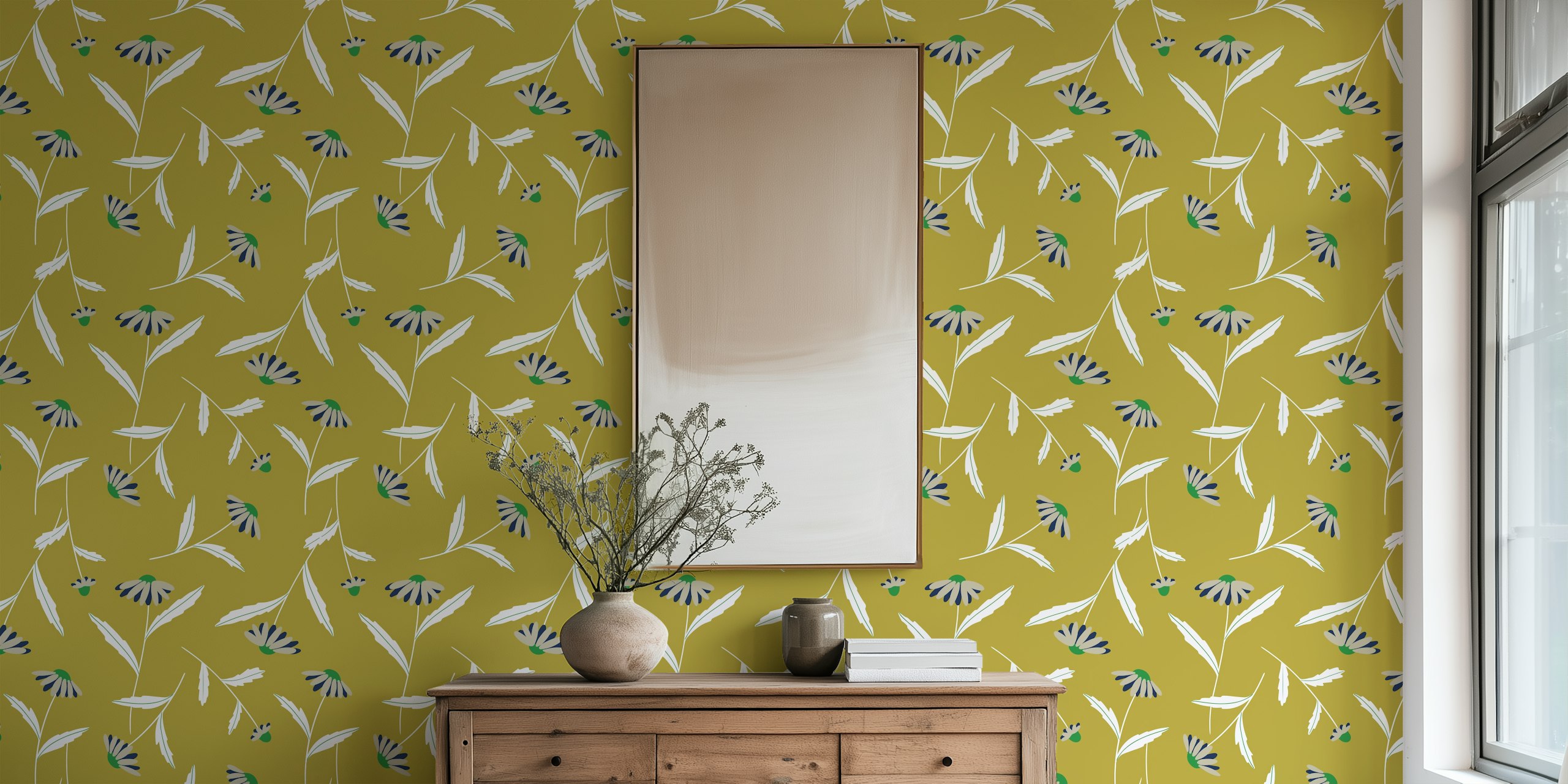 Carolina Mustard wall mural with white botanical patterns on a mustard yellow background