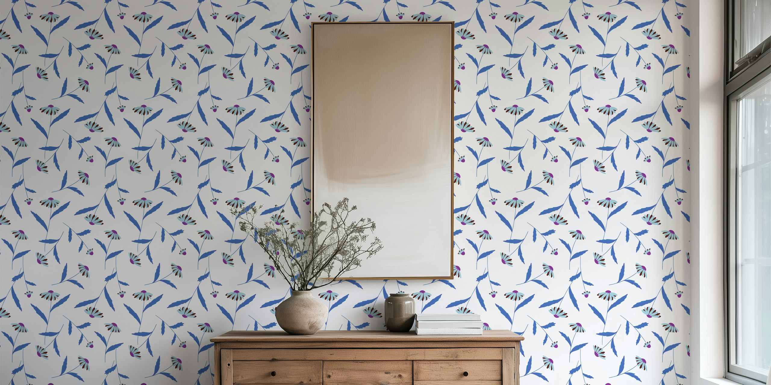Carolina white and blue floral wallpaper in a room