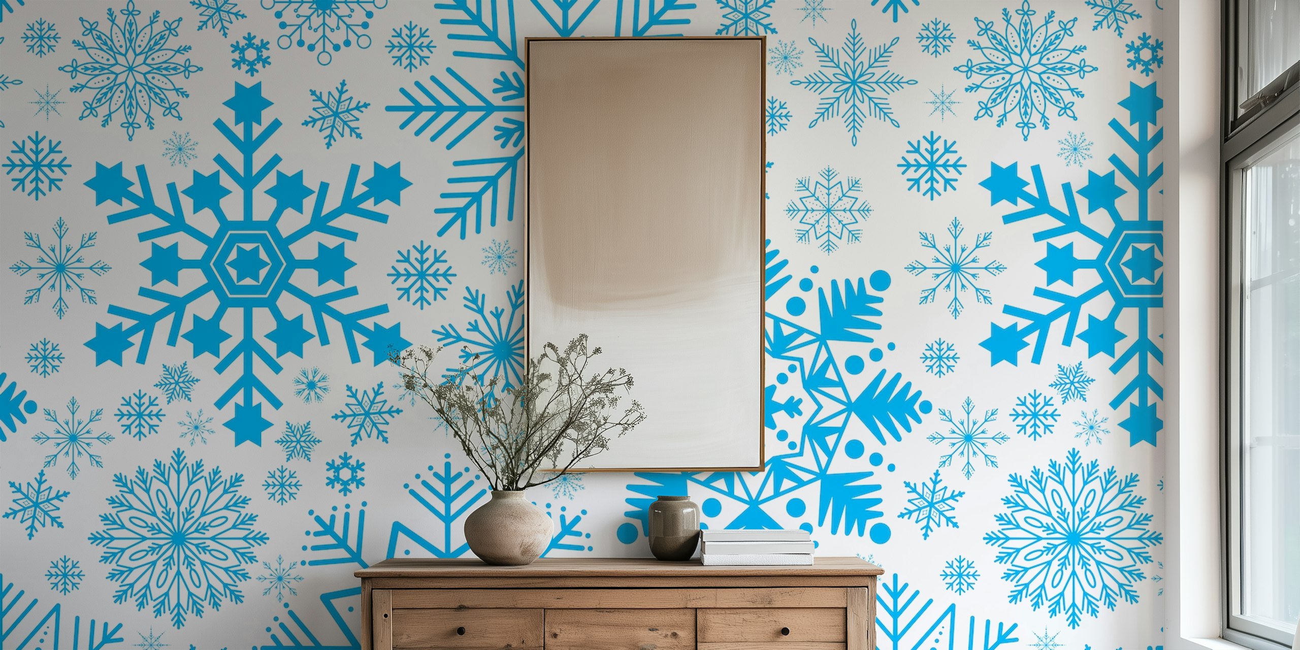 Blue snowflakes on a white background wallpaper