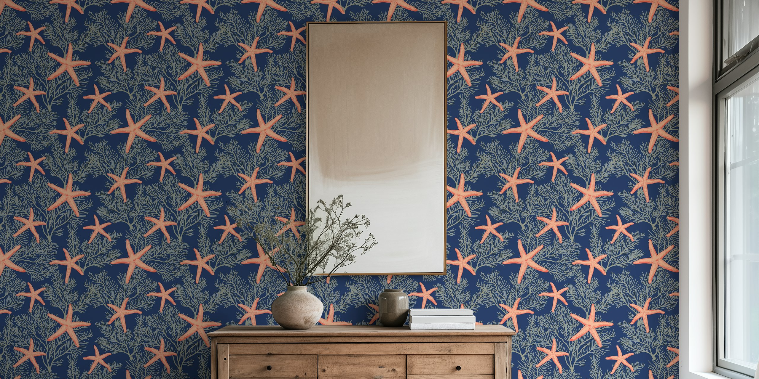 Starfishes on blue classic navy tapeta w pokoju