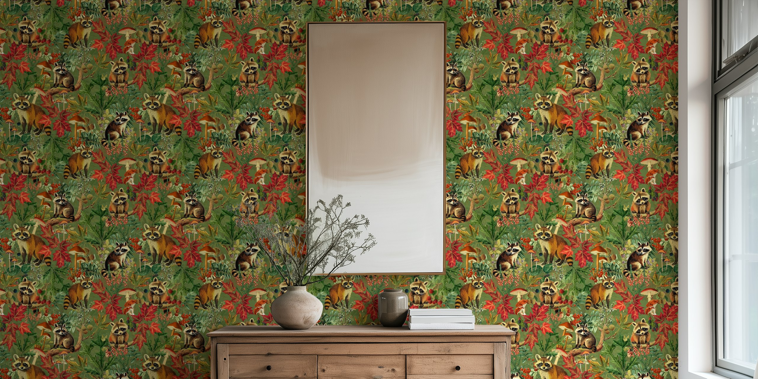 Raccoons in a forest with autumn leaves wall mural