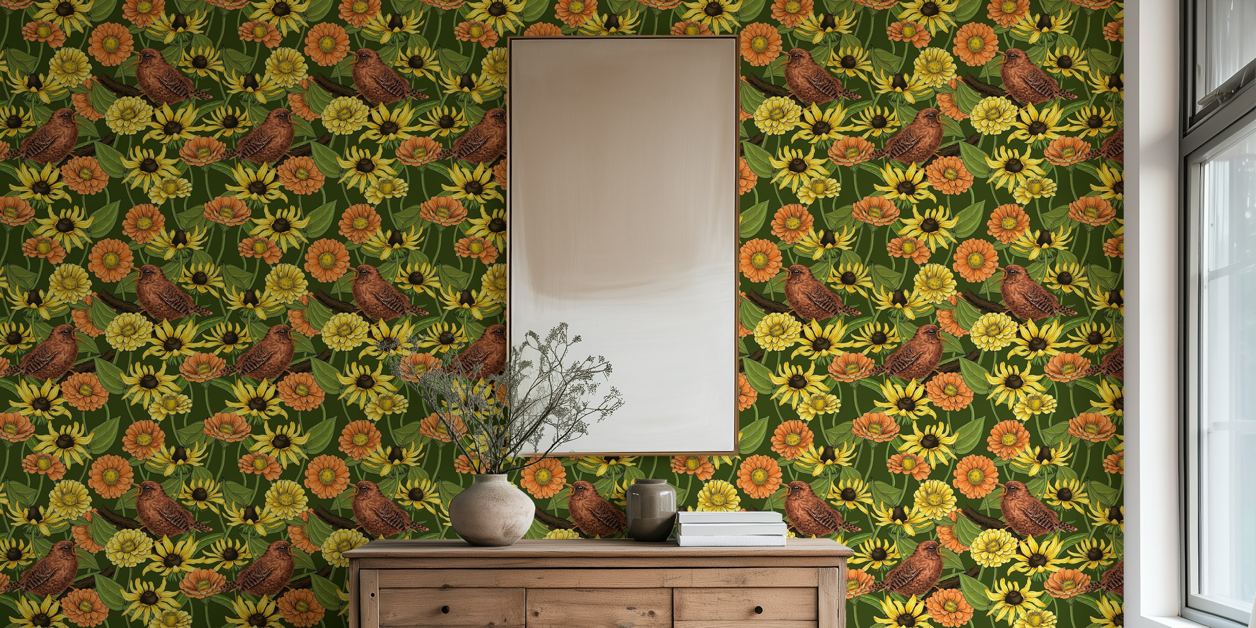 Wrens perched among yellow and orange flowers on a green background wall mural