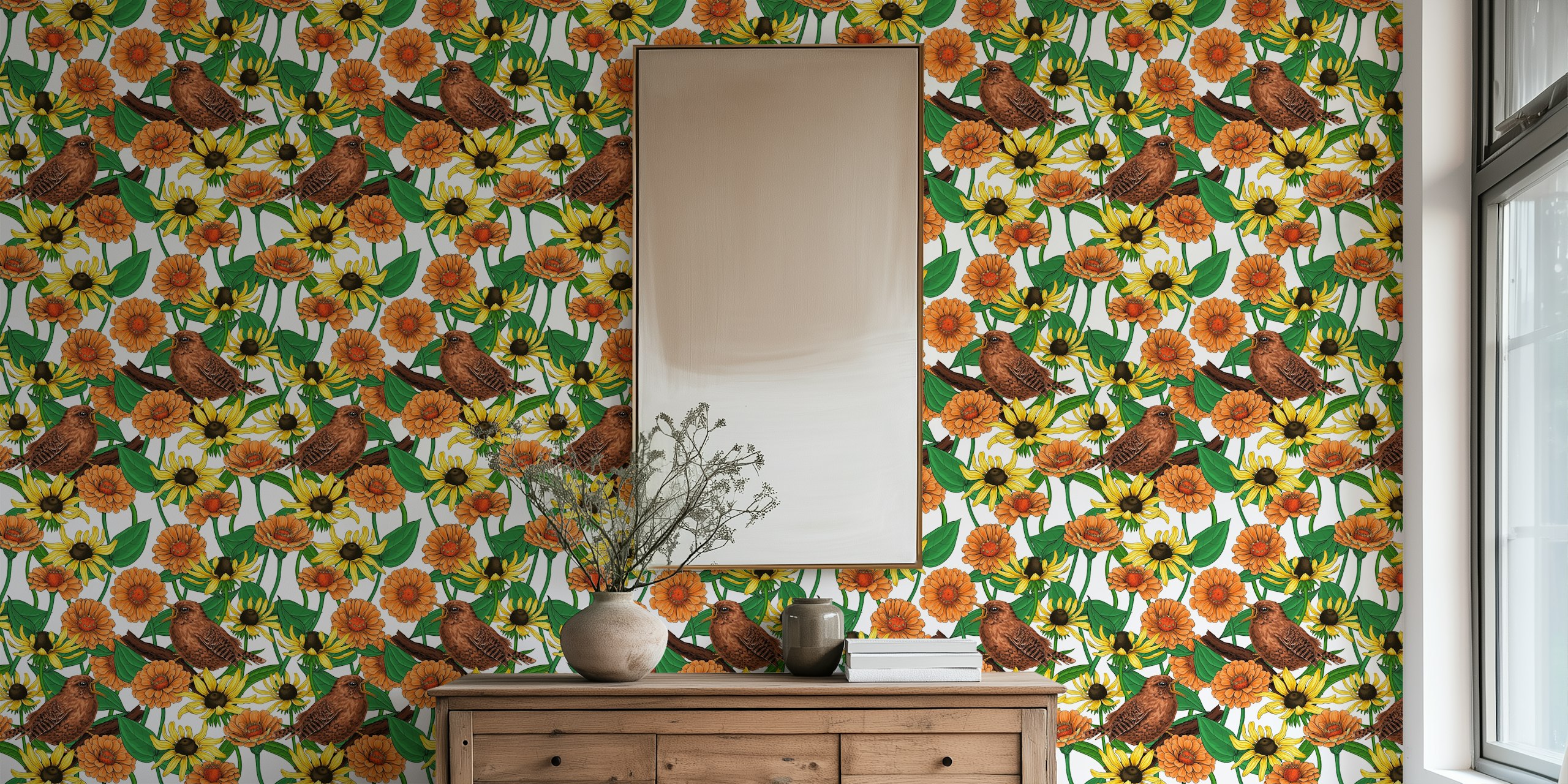 Brown wrens and vibrant orange and yellow flowers wallpaper