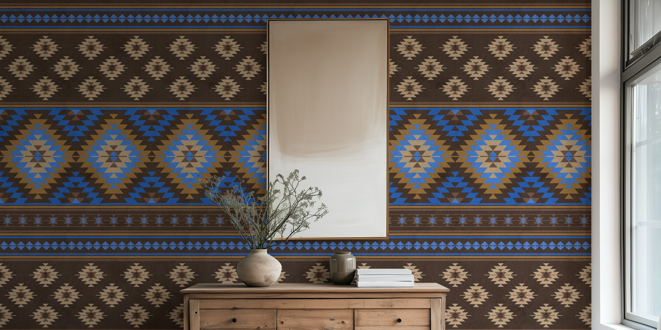 Kilim striped wallpaper featuring blue, beige, and brown geometric patterns