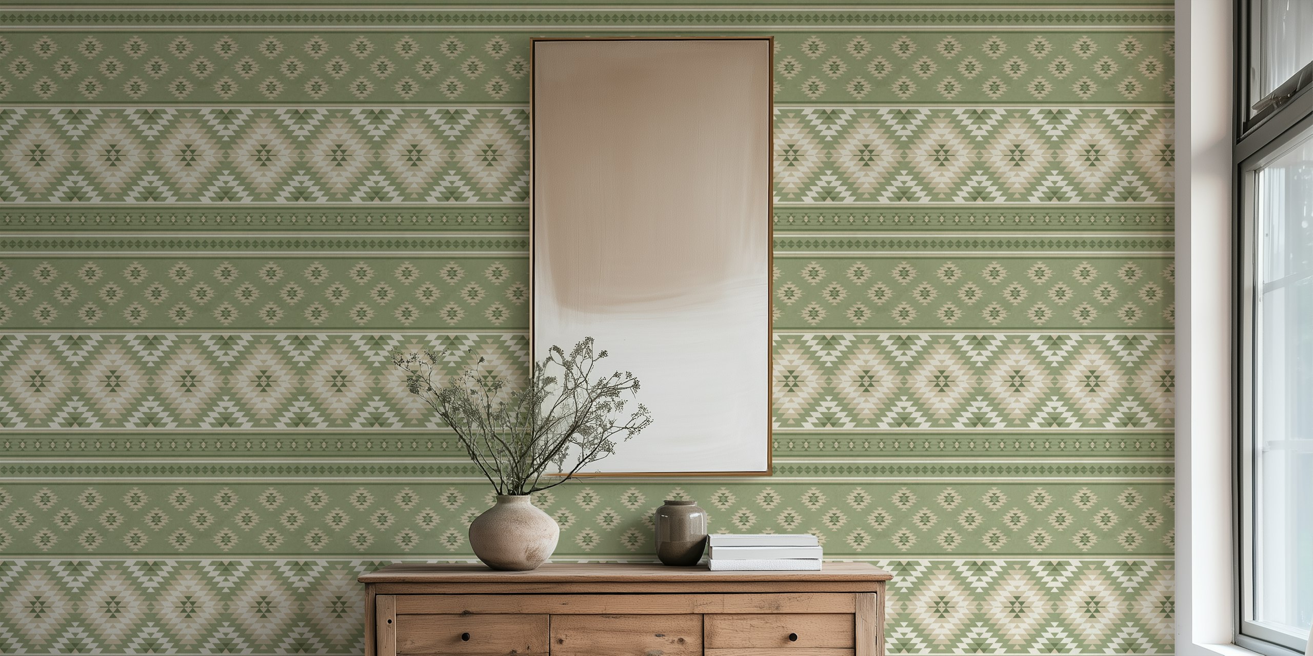 Kilim Stripes veggmaleri i oliven salviegrønn og beige med geometriske mønstre