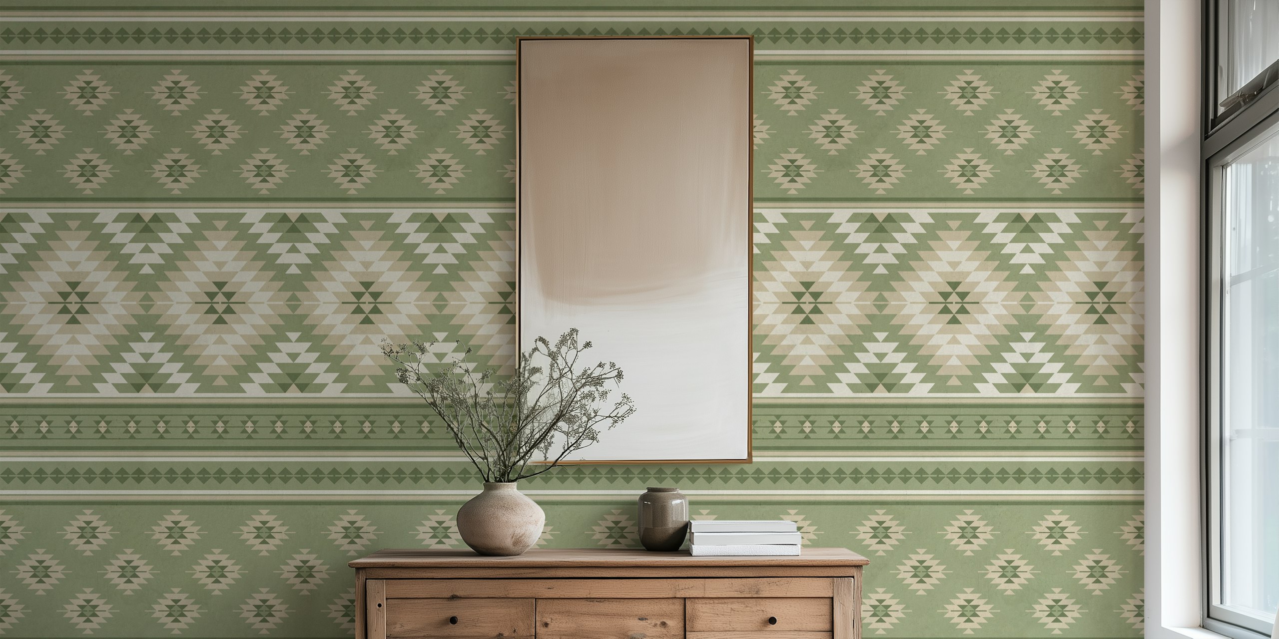 Olive sage green and beige Kilim striped wallpaper with geometric patterns