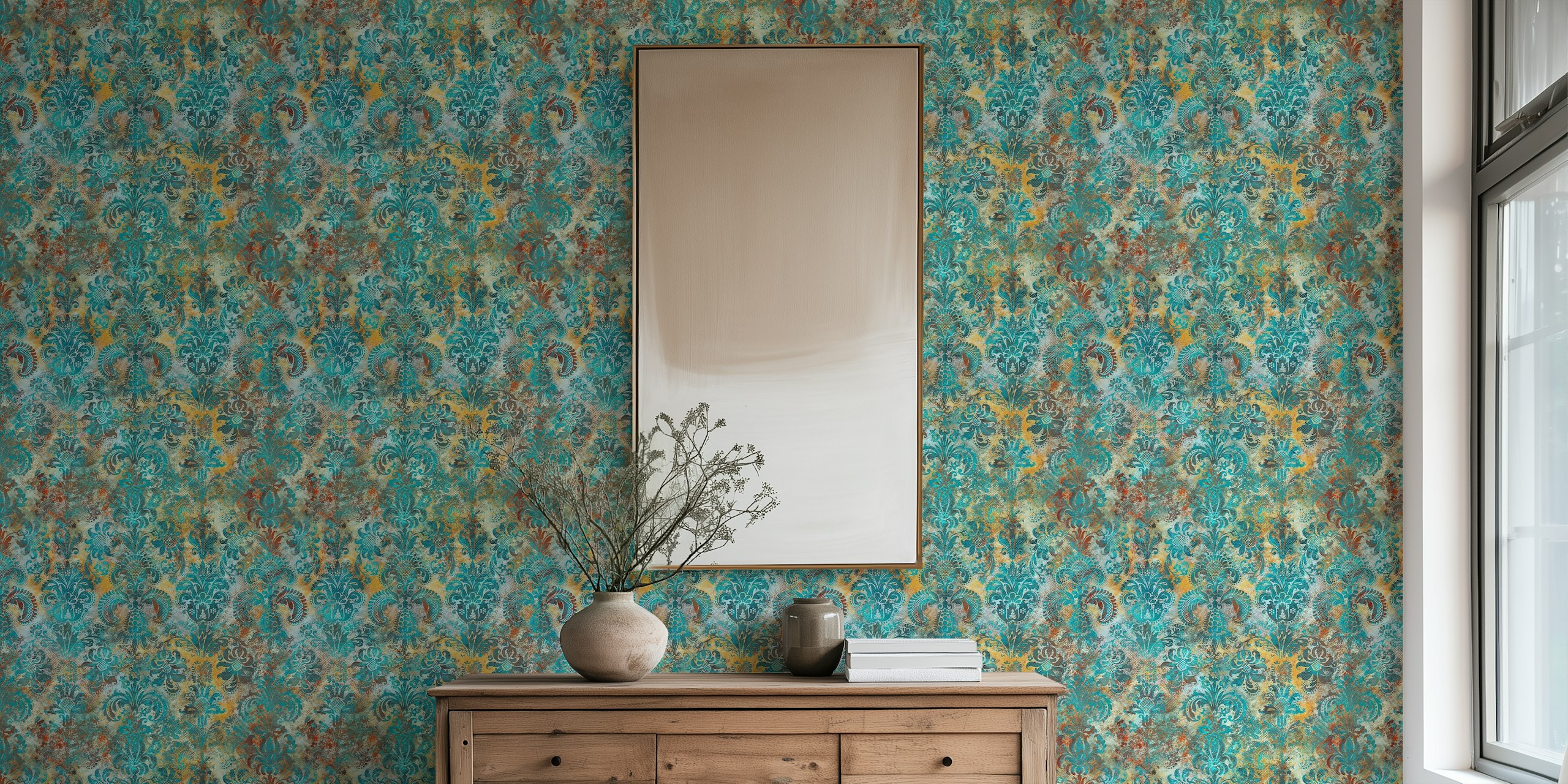 Grunge damask pattern tiffany mustard tapet