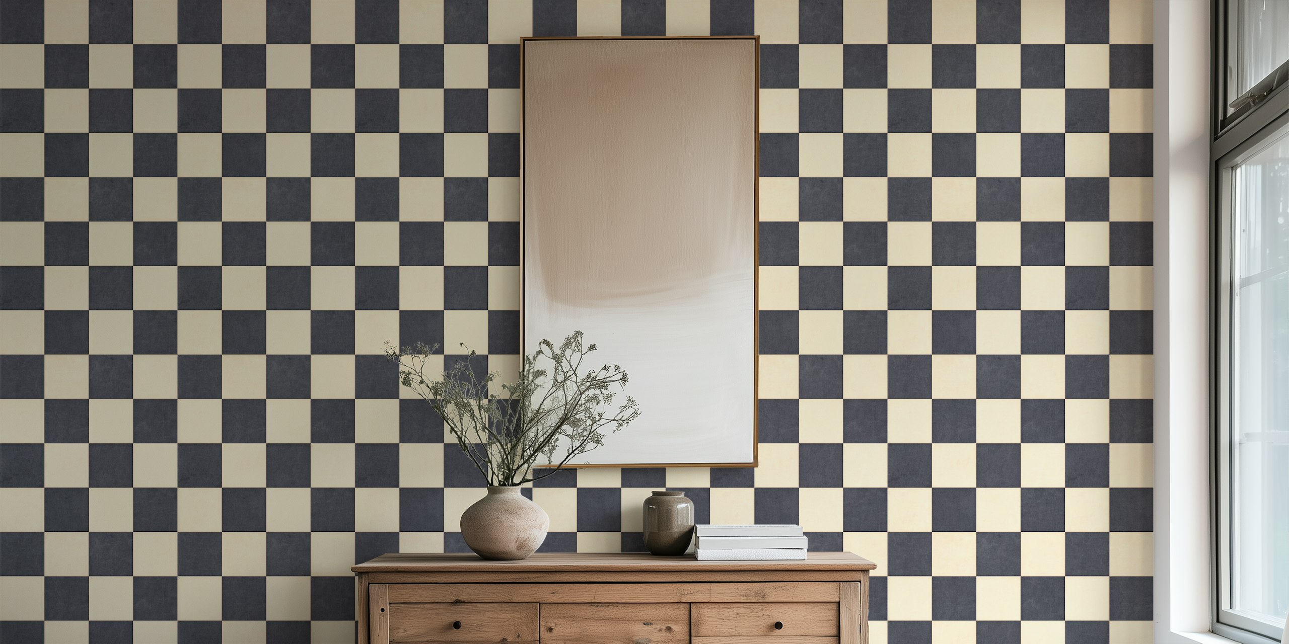 Checkerboard pattern in black and beige wallpaper