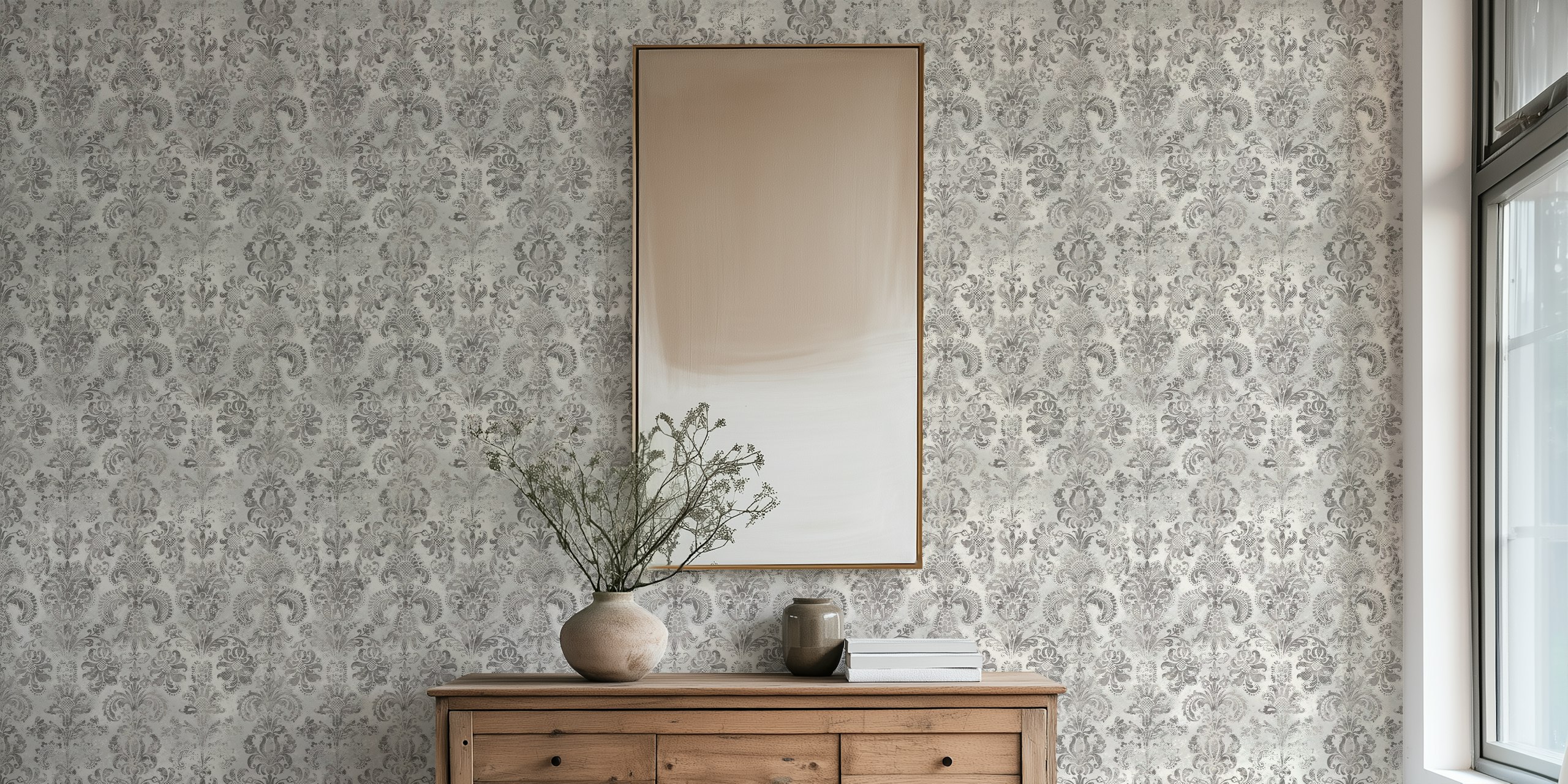 Damask pattern in cappuccino grey and cream wallpaper