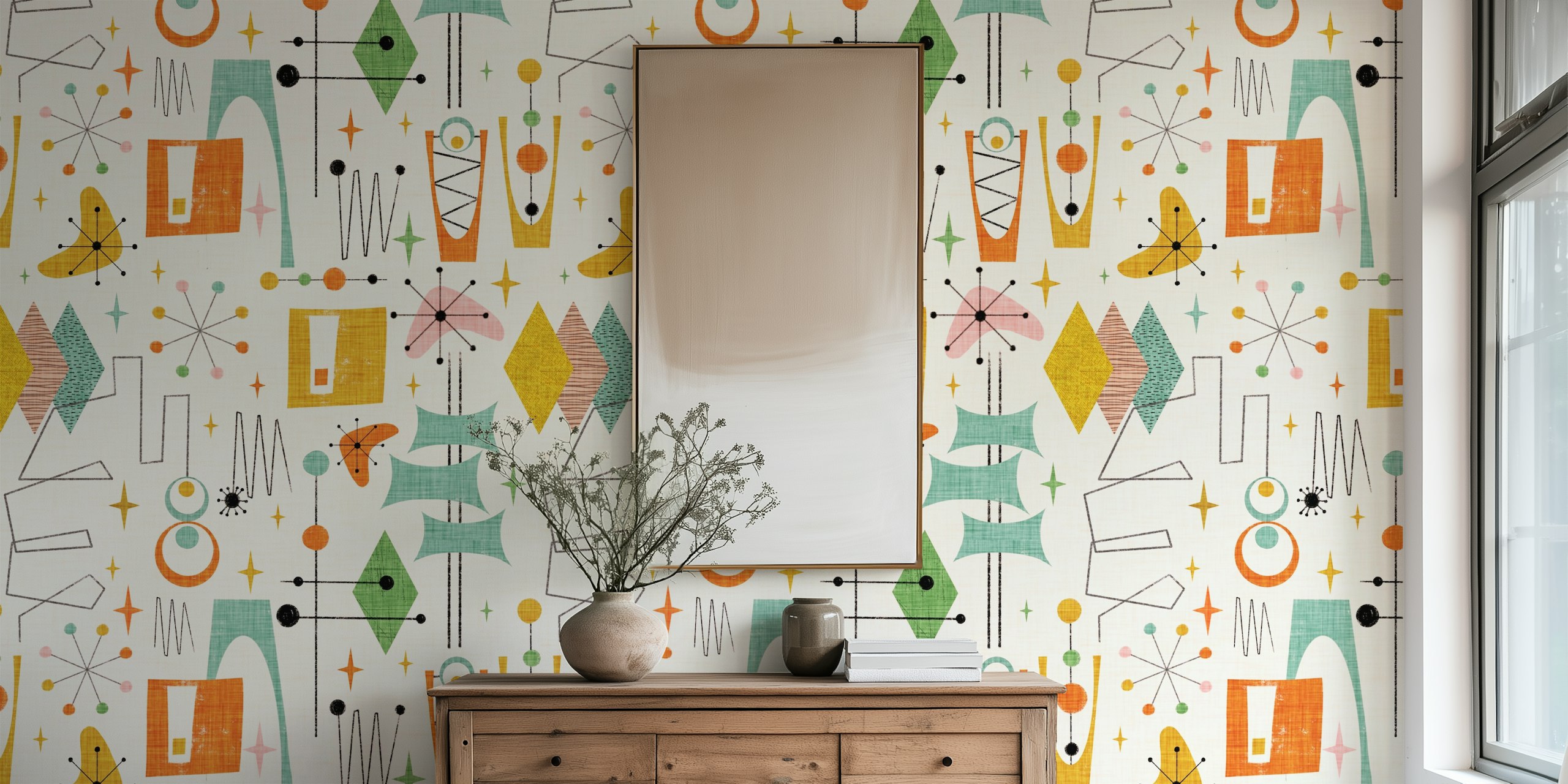 Retro space age inspired wall mural with mid-century modern shapes and celestial motifs