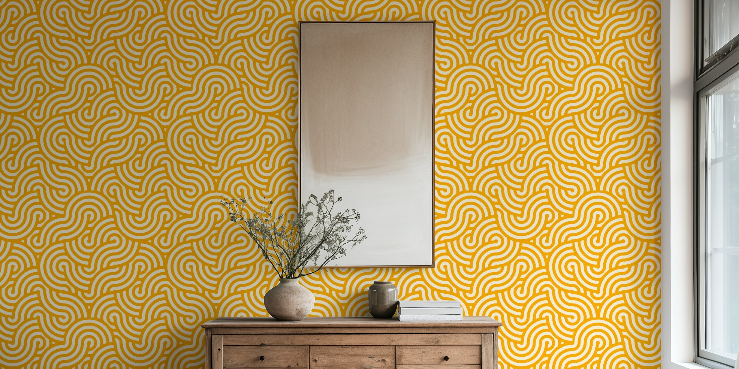 Curved swirl patterns in yellow and white wallpaper