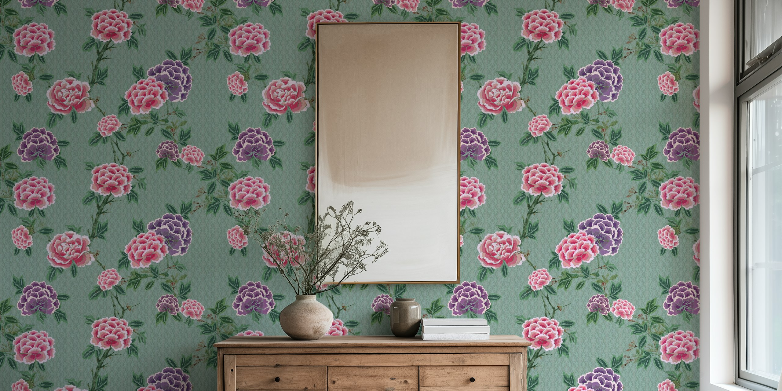 Chinoiserie floral pattern in pink and purple on teal wallpaper