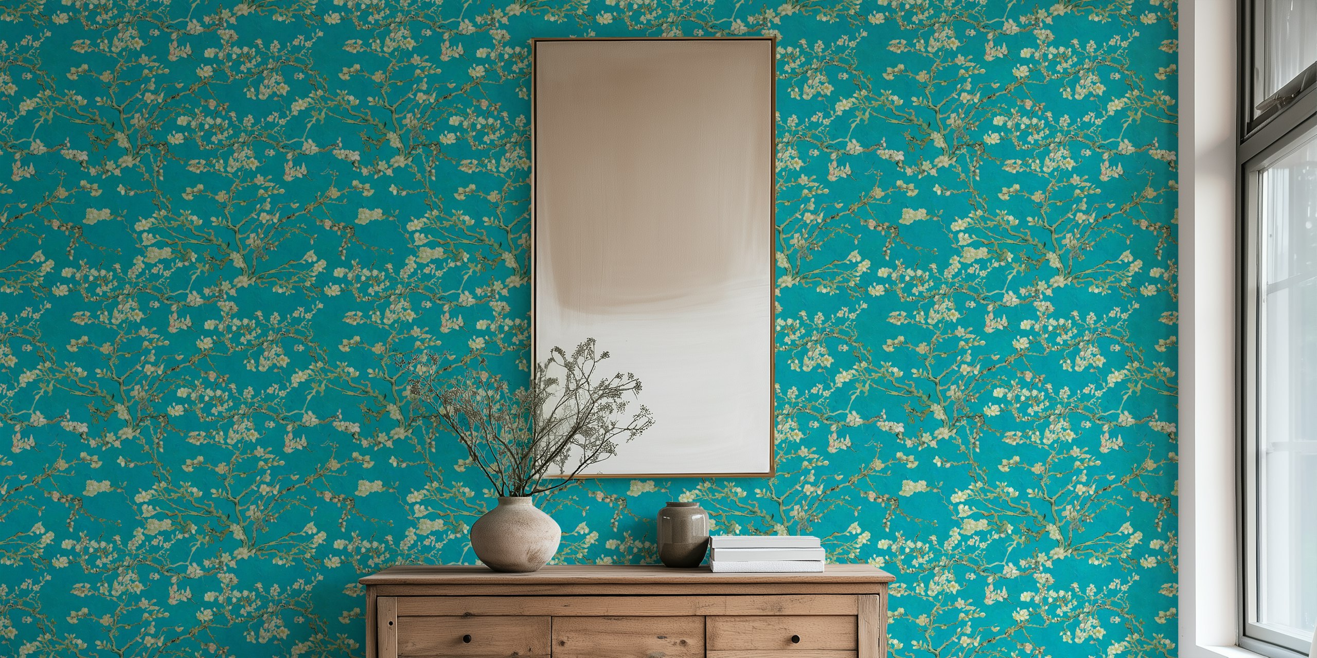 Almond blossom art by Van Gogh on a teal blue background with sage and olive green accents for wall mural