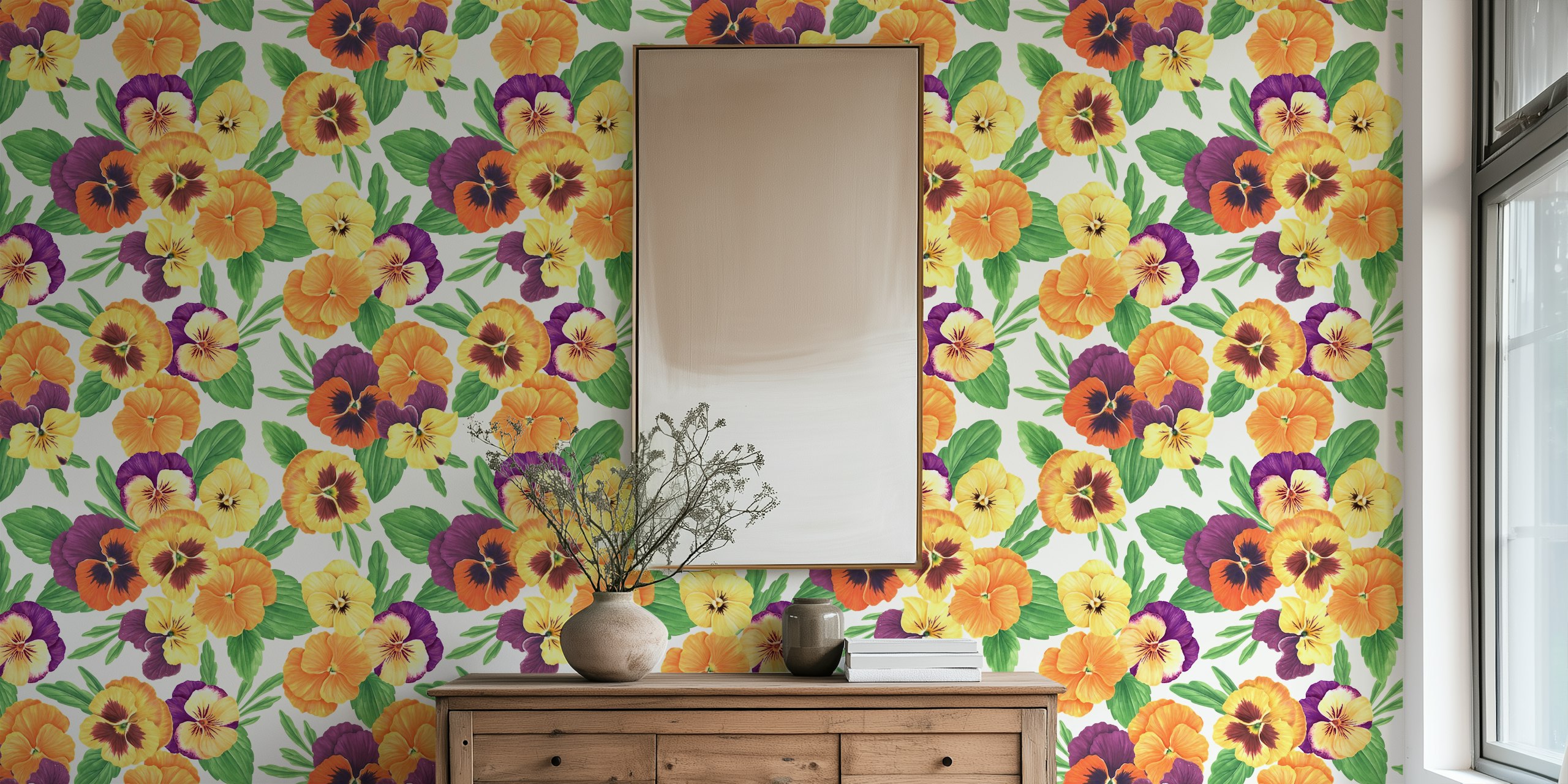 Pansy flowers in various colors with green leaves on off white wallpaper
