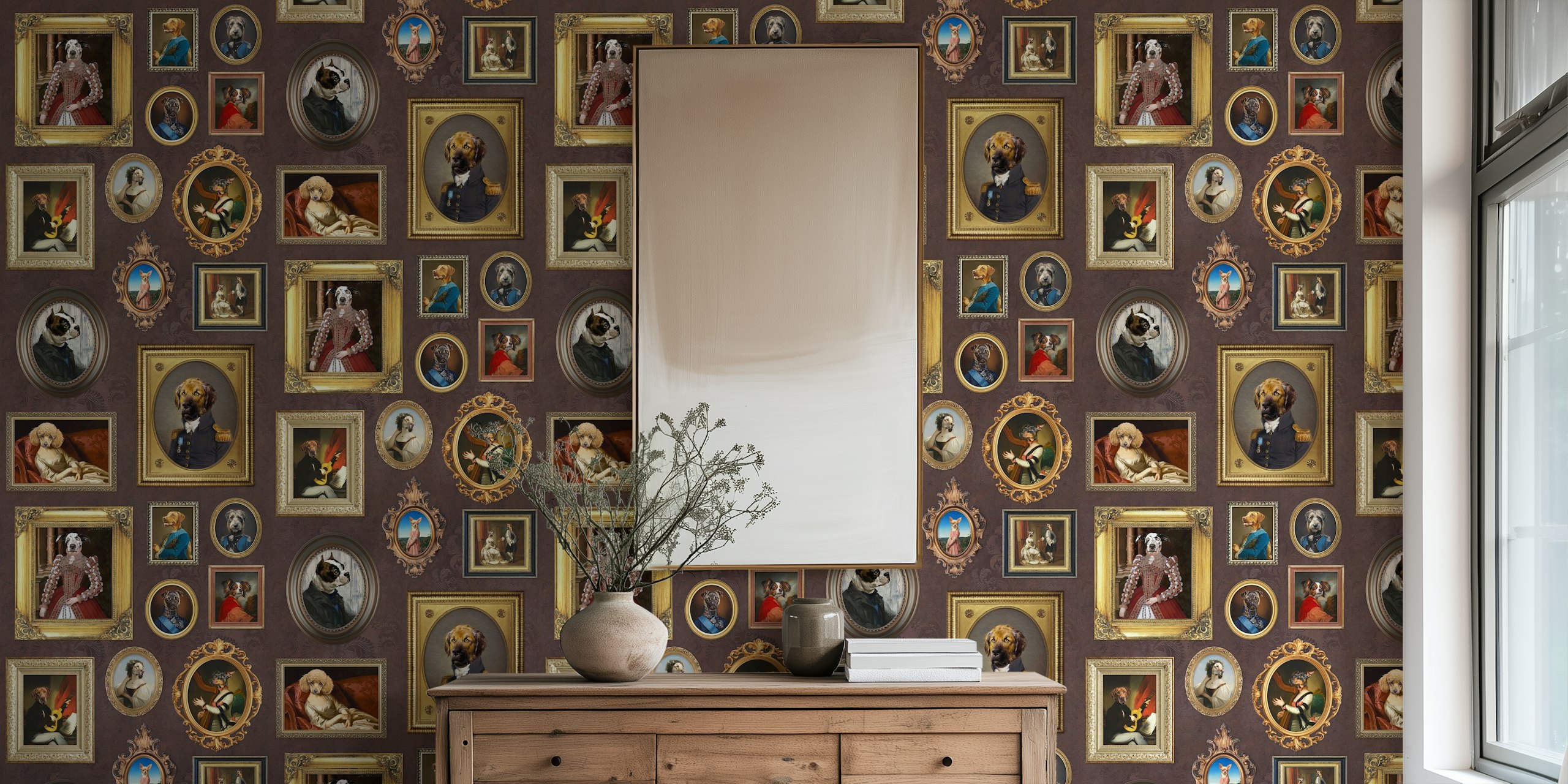 Elegant dog portraits in ornate frames on a chocolate-colored background wall mural