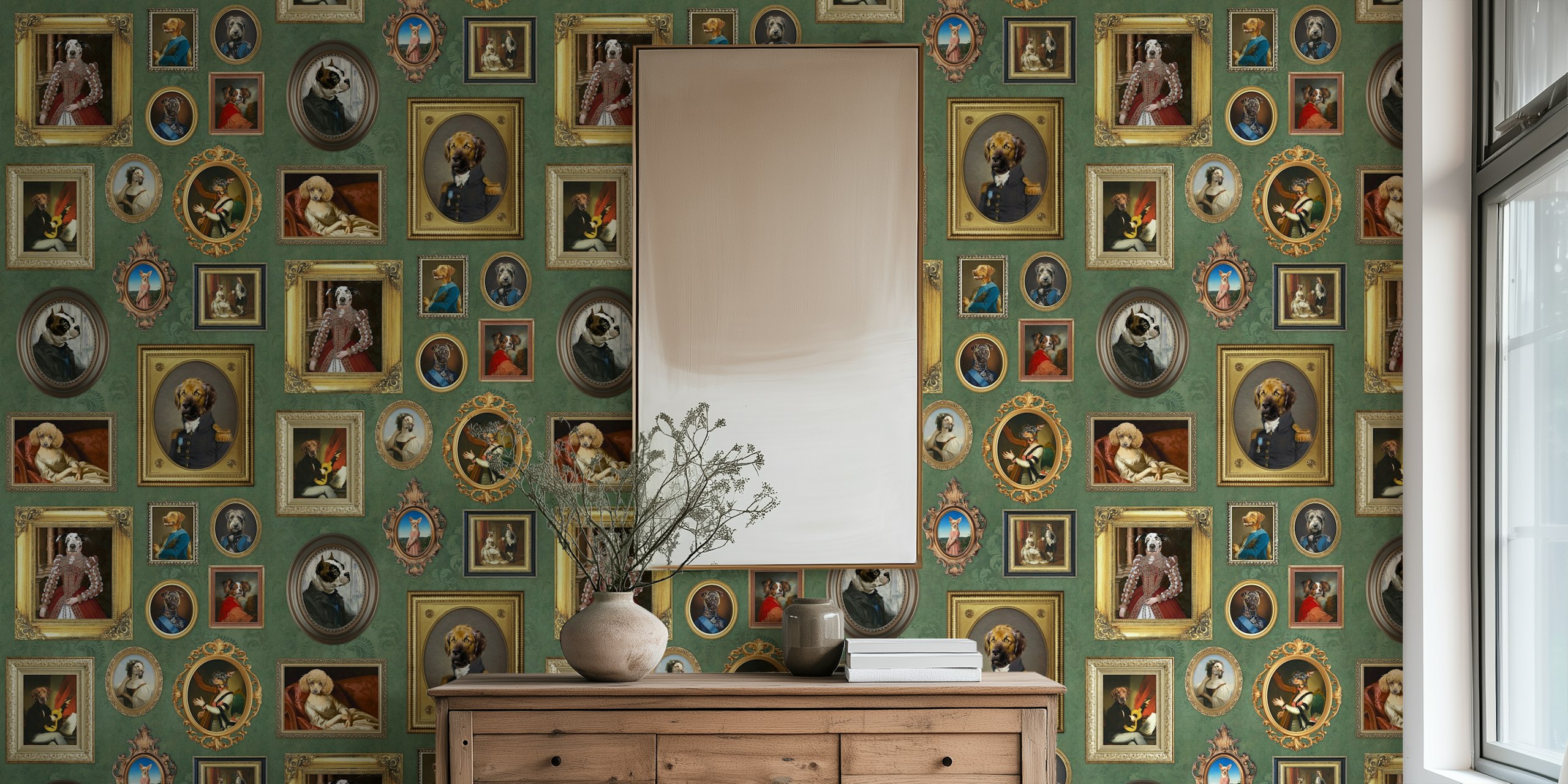 Dog Lovers Portrait Collection in sage green in een kamersetting
