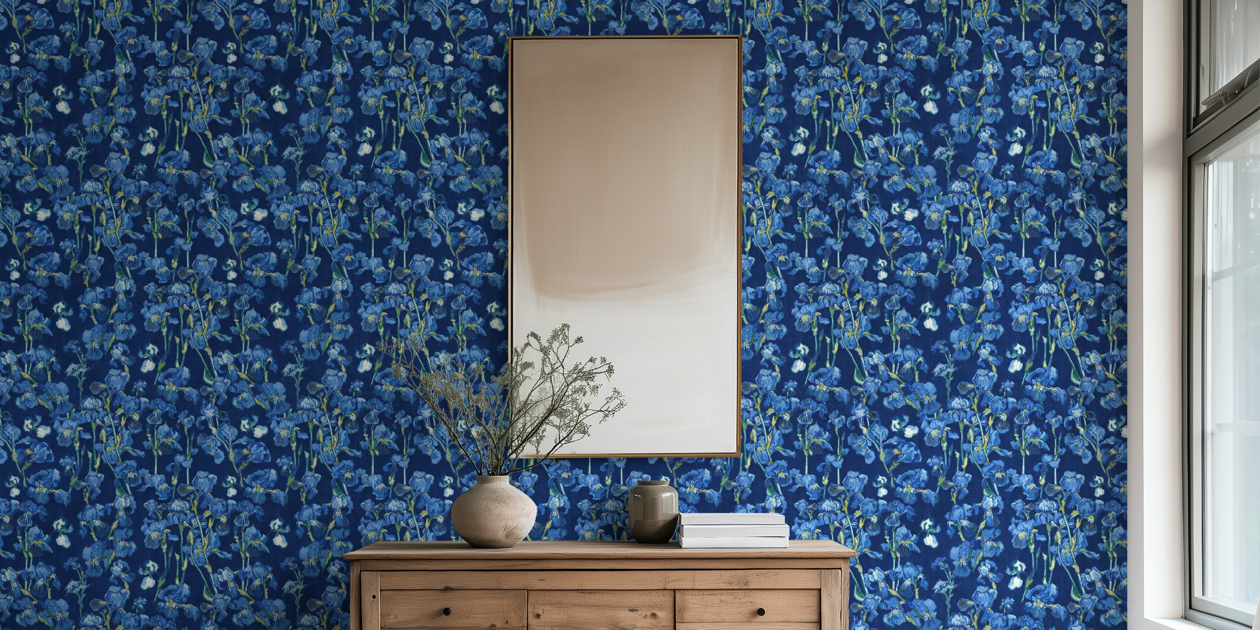 Van Gogh Irises pattern wall mural in shades of cobalt and navy blue