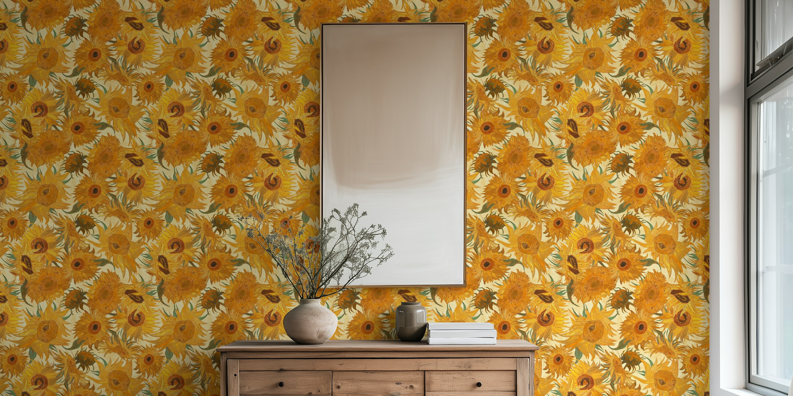 Van Gogh-inspired sunflower pattern wall mural with a yellow, sage green, and rust color scheme