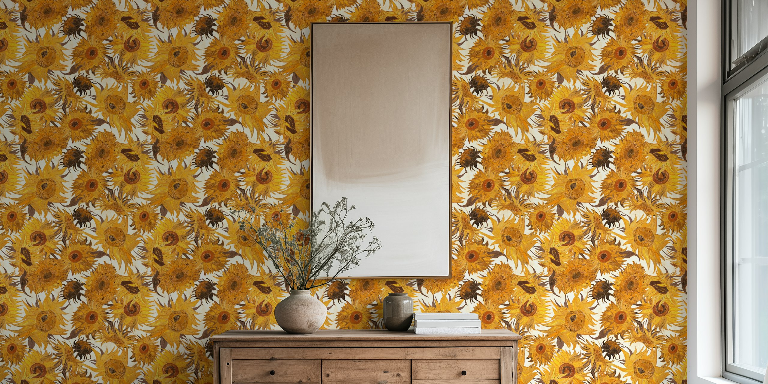 Van Gogh-inspired sunflowers pattern wall mural in cream, yellow, rust, and brown