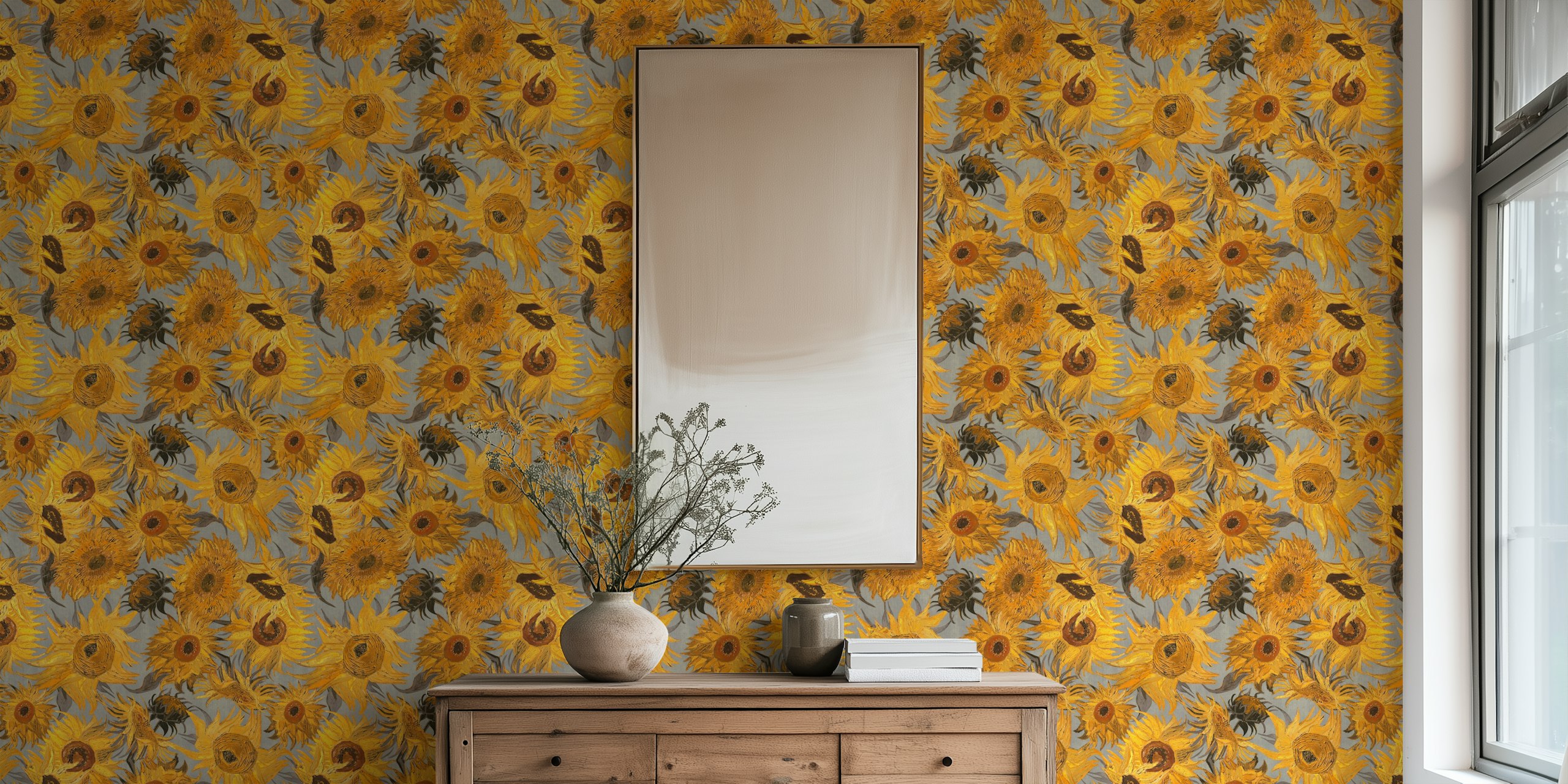Van Gogh sunflower pattern wallpaper in a room