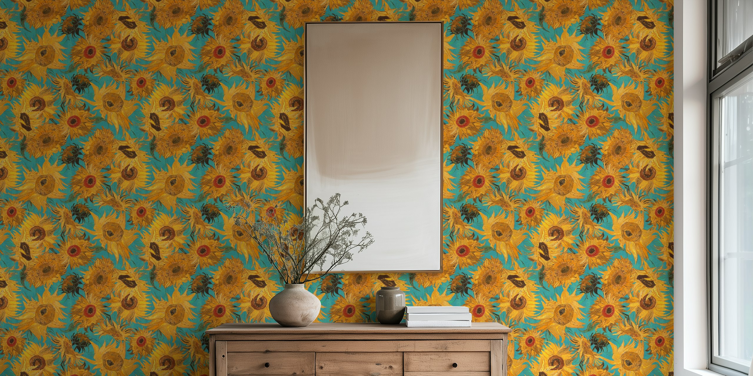 Van Gogh sunflowers wallpaper in a room