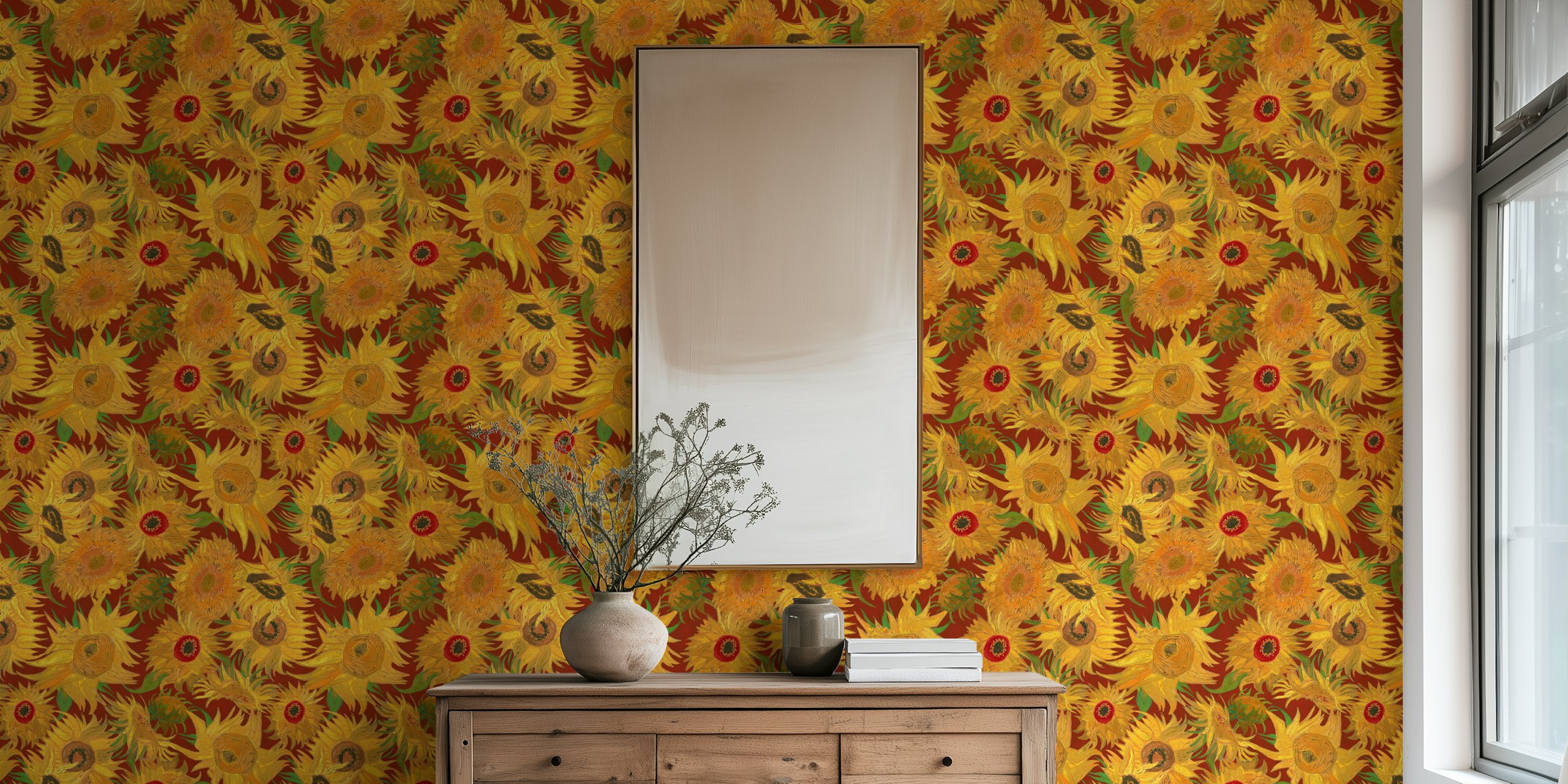 Van Gogh sunflowers wallpaper in a room