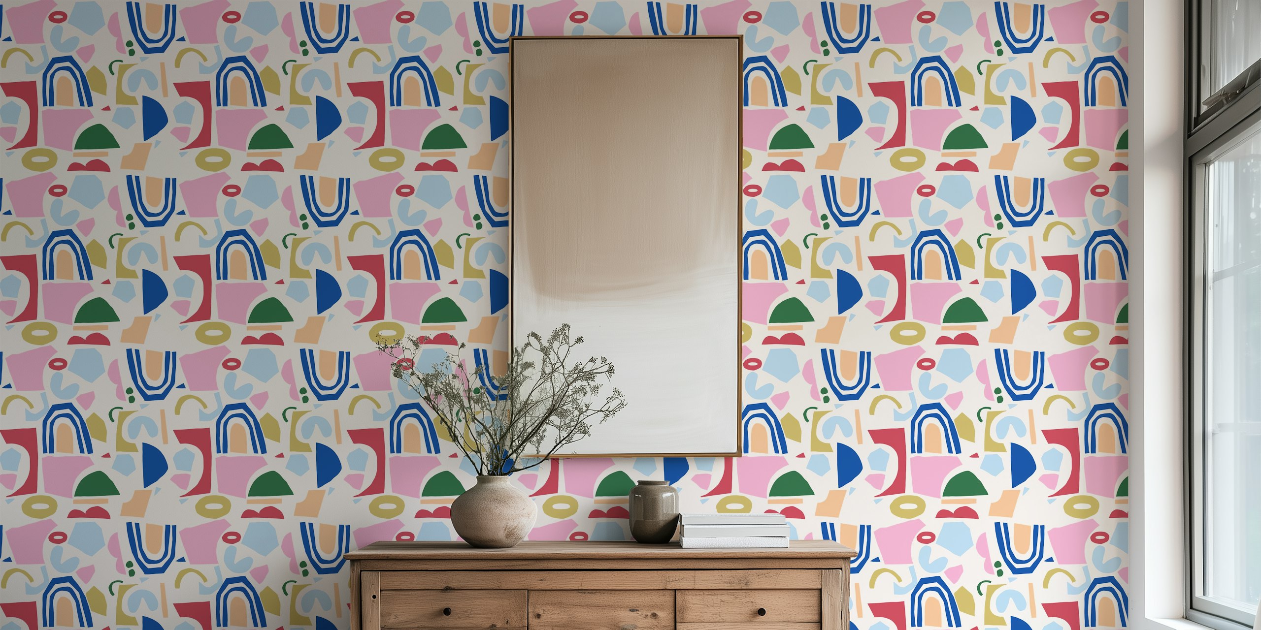Multicolored abstract shapes in pink, blue, green, and yellow wallpaper