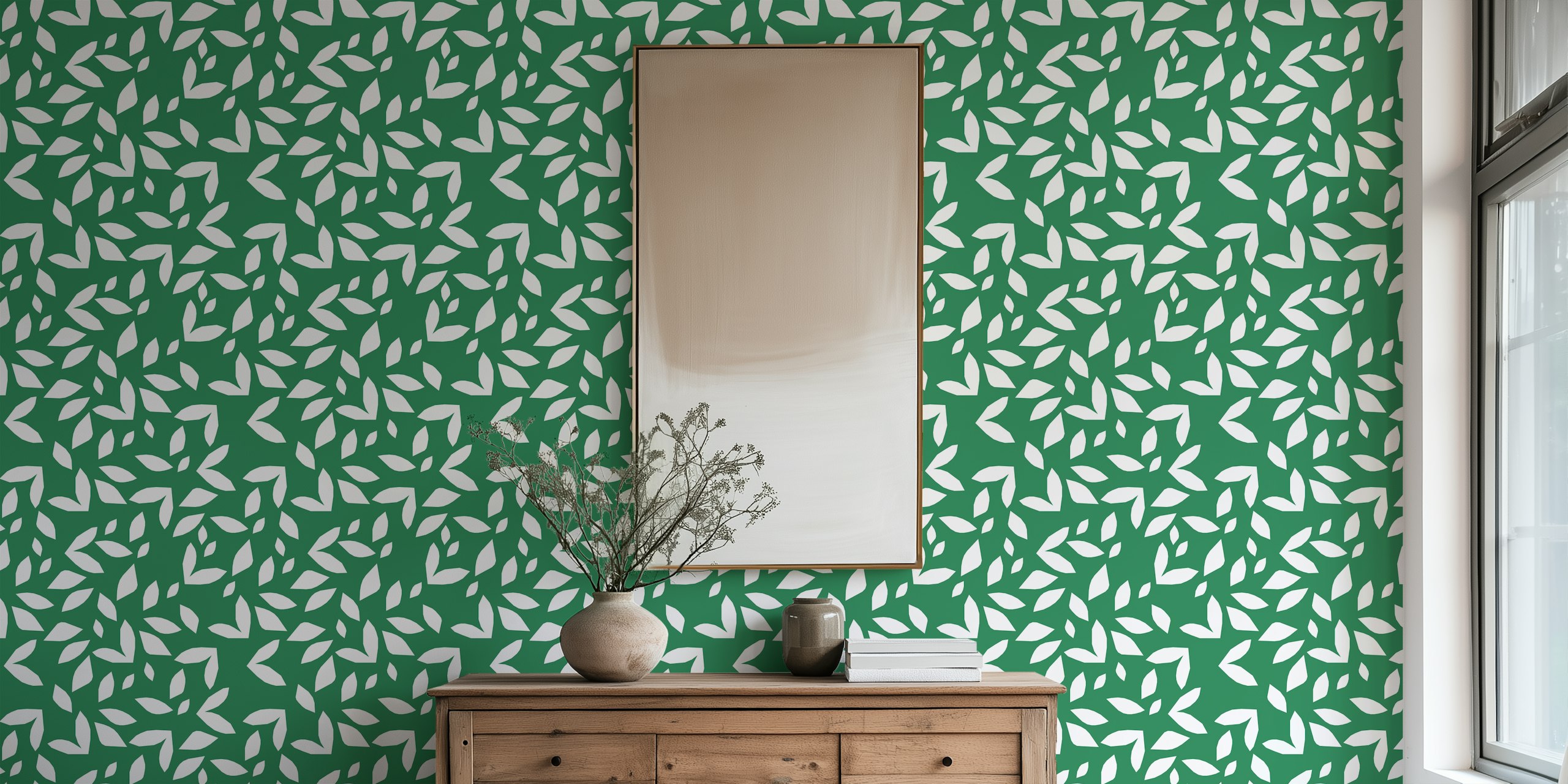 Papier peint mural à motif de feuilles vertes représentant le feuillage d'automne