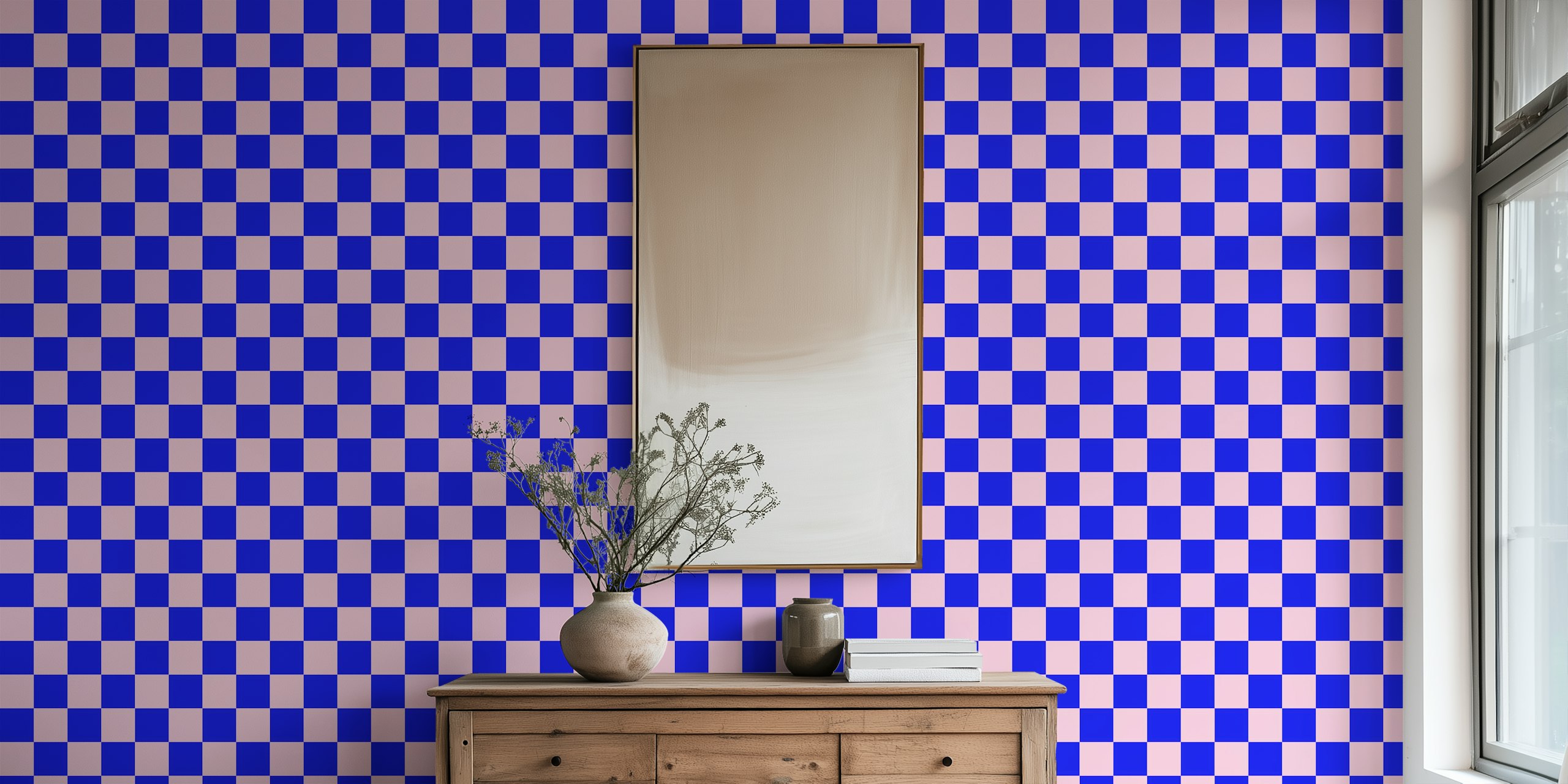 Pink and blue checker wallpaper in a room