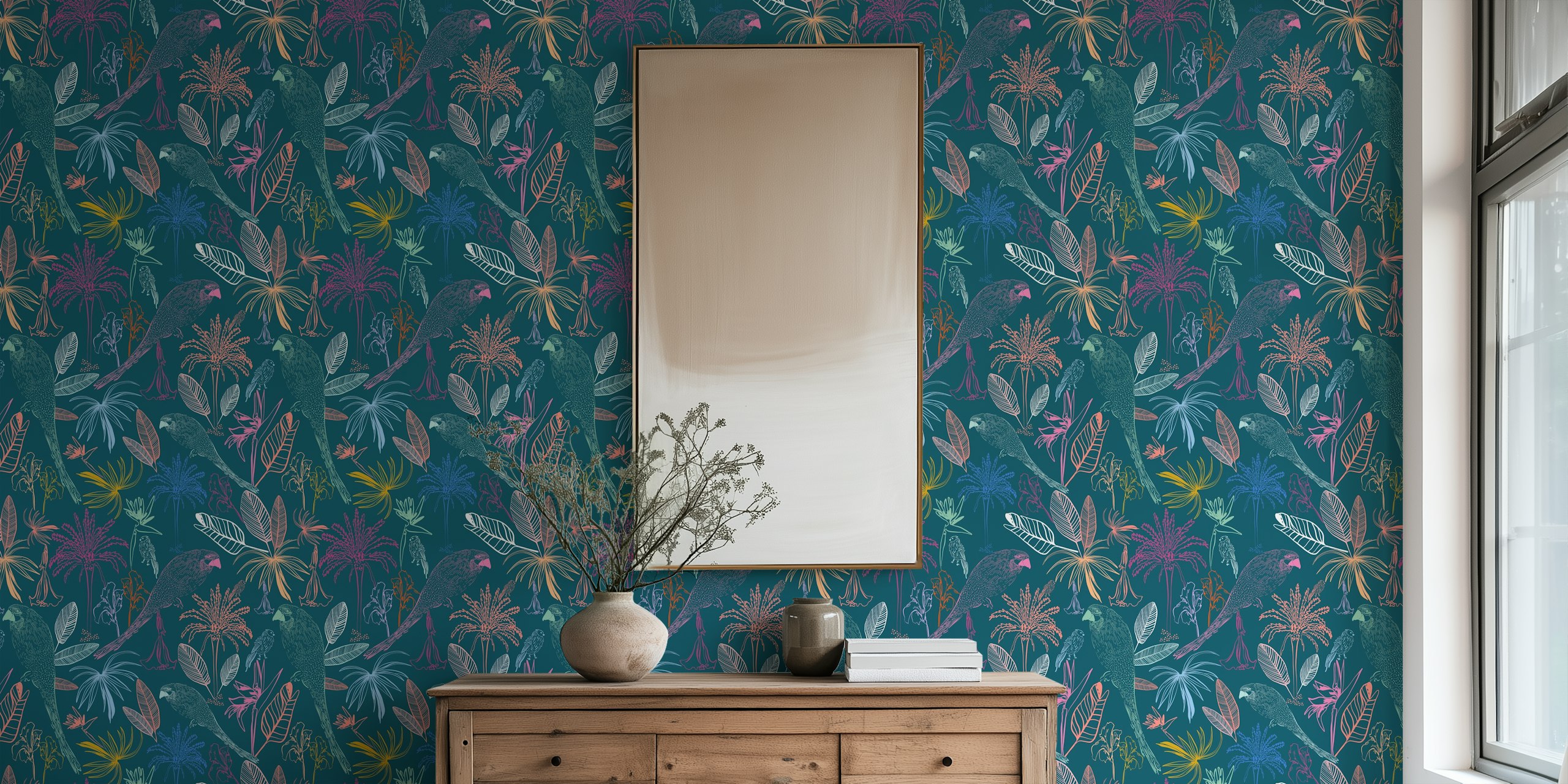 Tropical Macaw Bird papel de parede em um quarto
