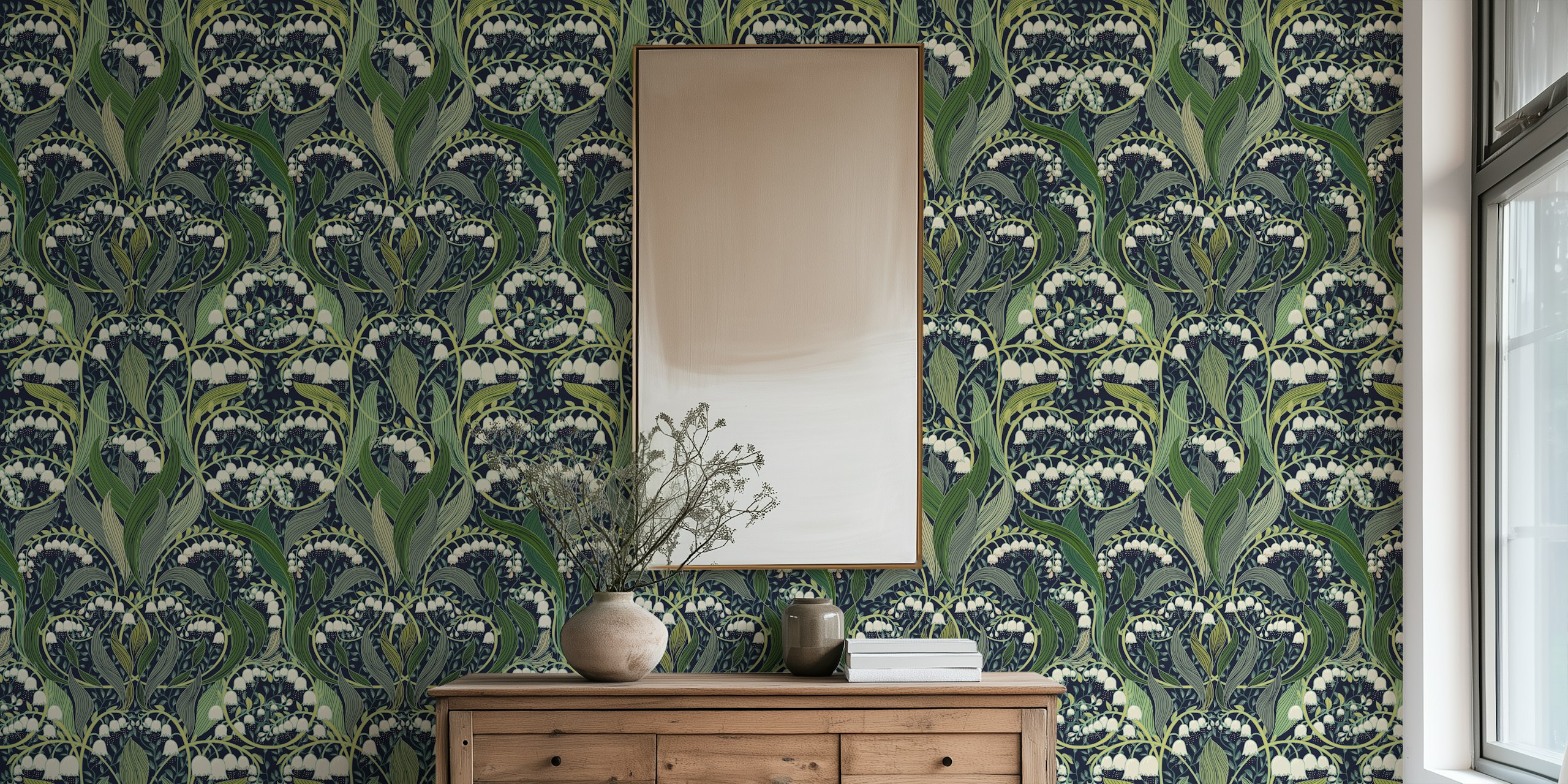 Lily of the valley flowers and green leaves patterned wallpaper