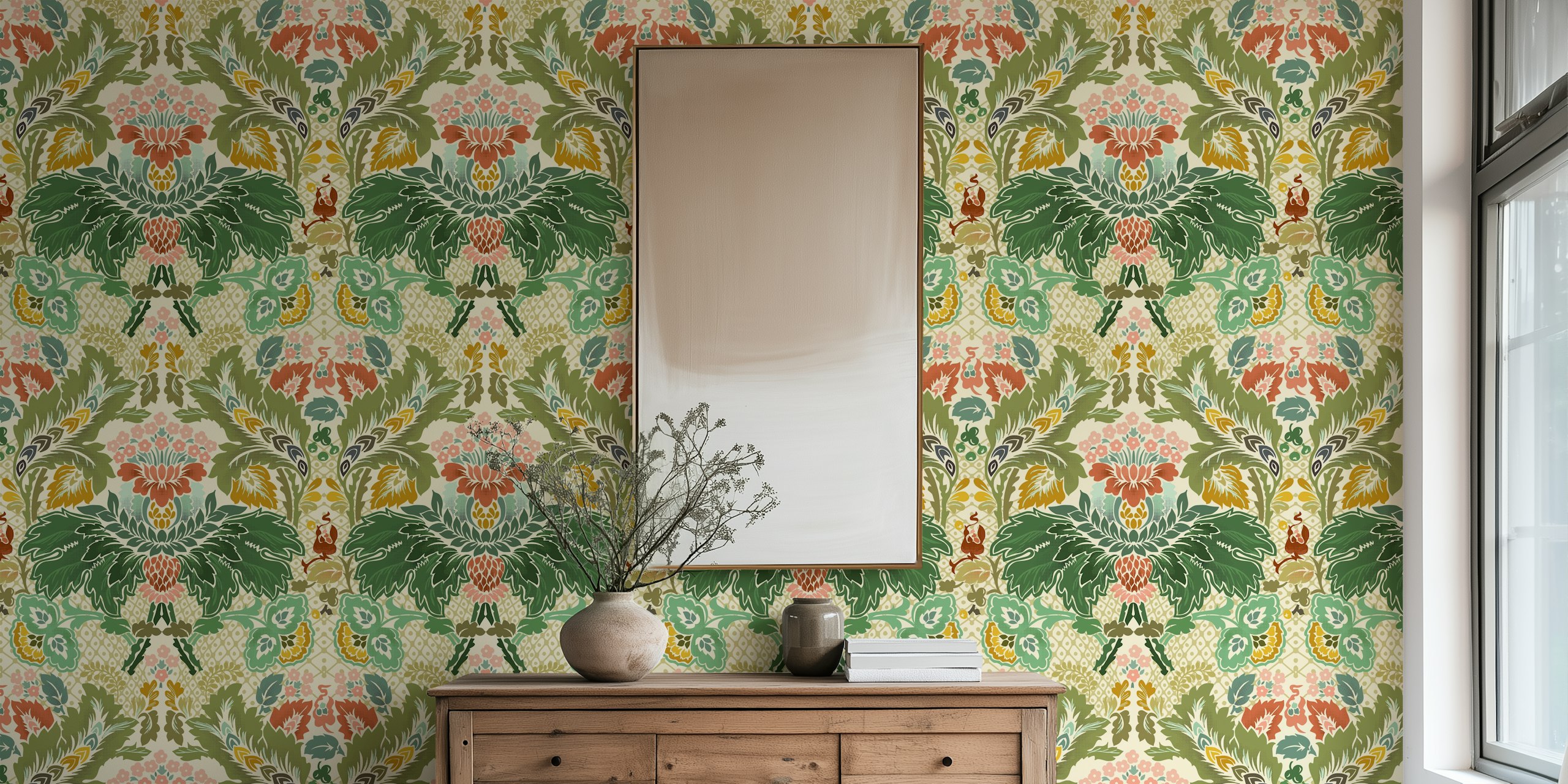 Vintage floral damask pattern in green and pink on ivory wallpaper