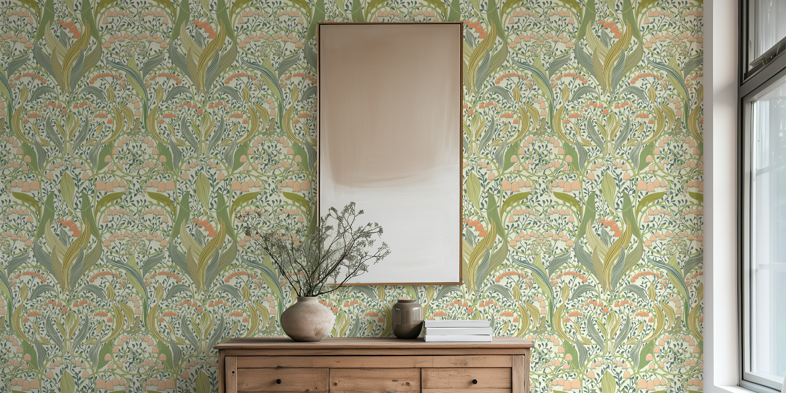 William Morris style lily of the valley valoa huoneessa