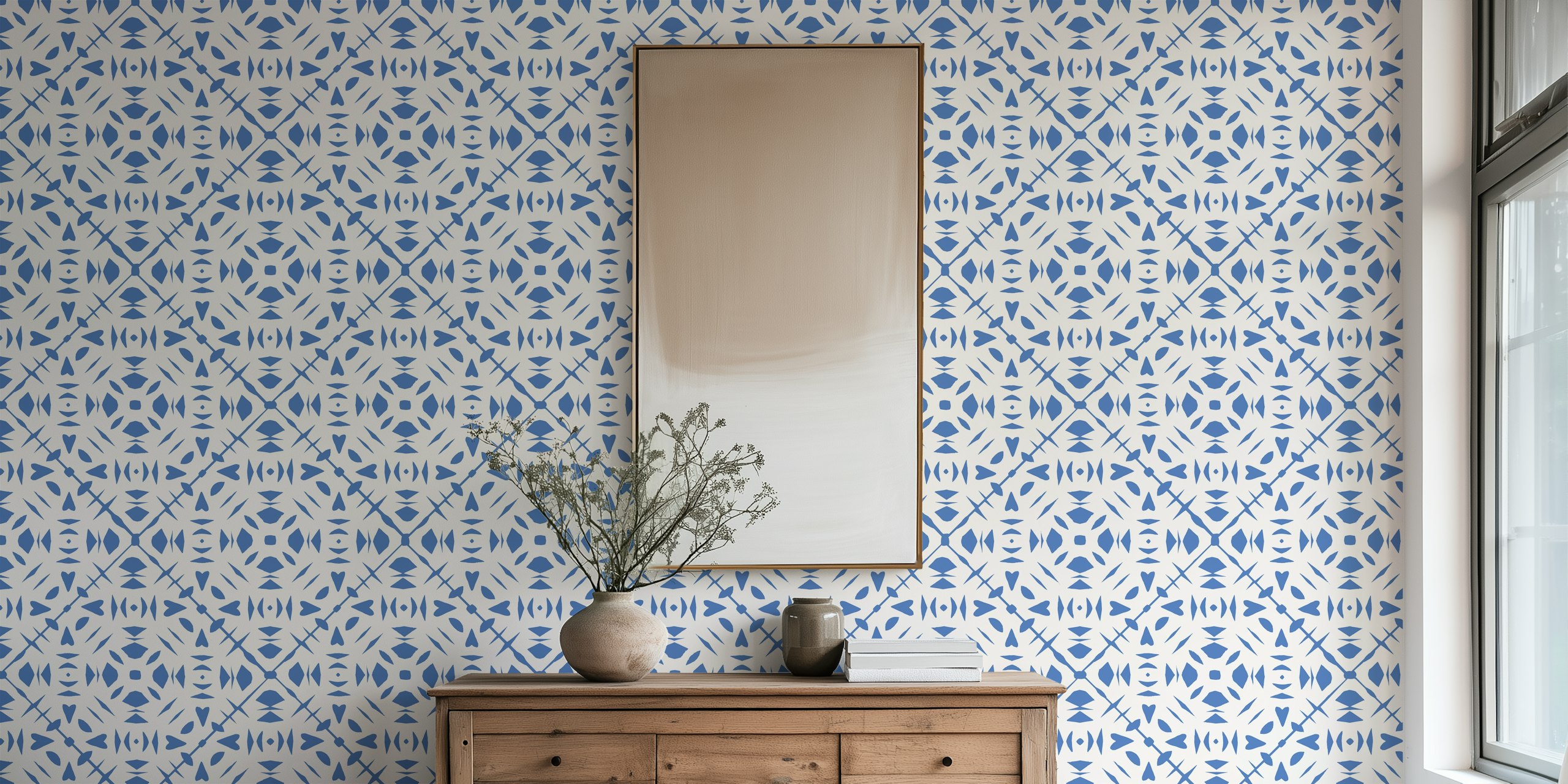 Papercut blue beige wallpaper in a room