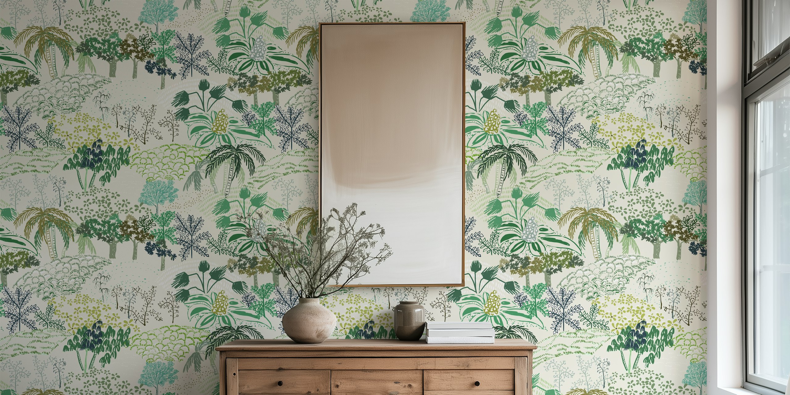 Italiensk landskap grön tapet i ett rum