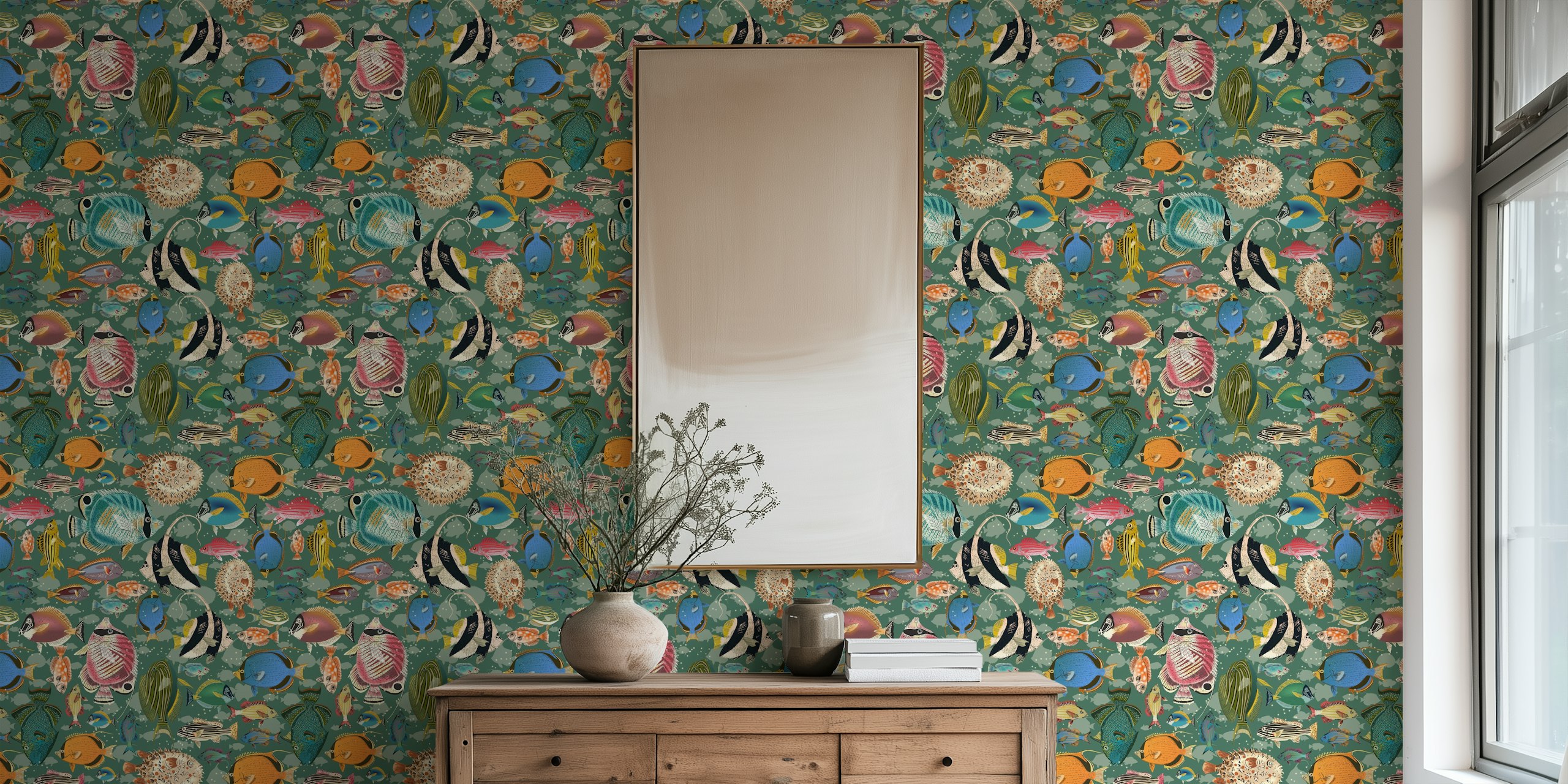 Colorful tropical fish designs on teal background wallpaper