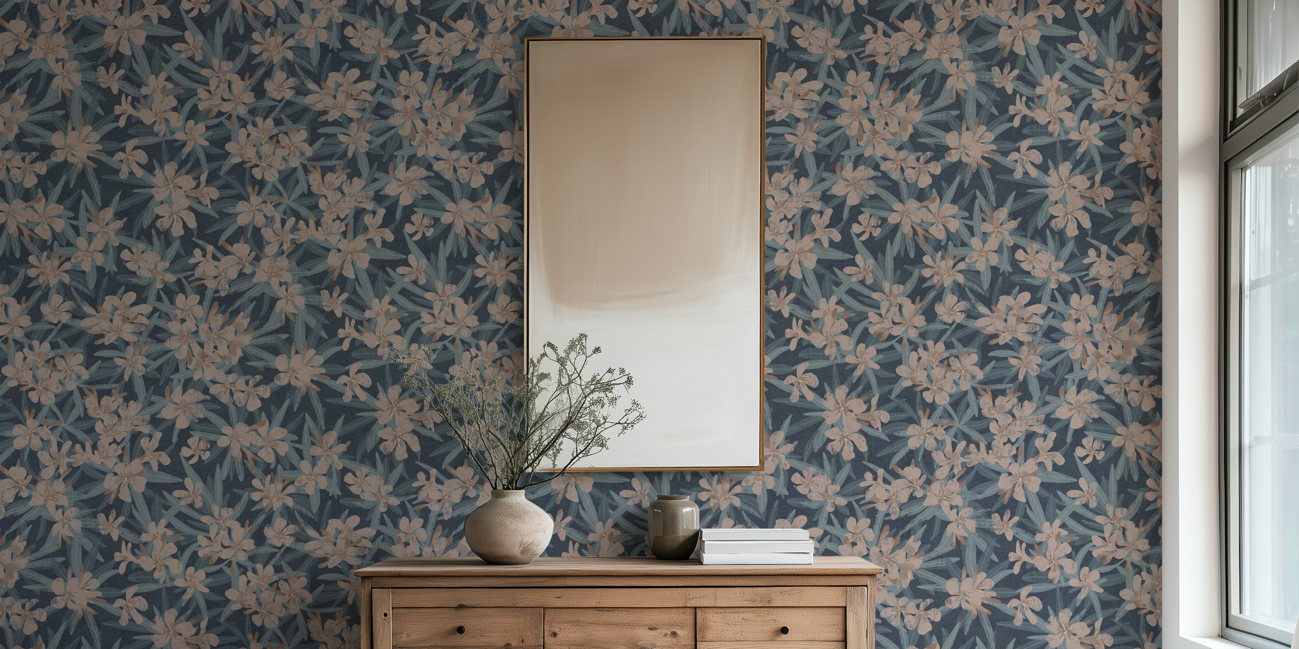 Oleander blue & taupe floral wallpaper in a room.