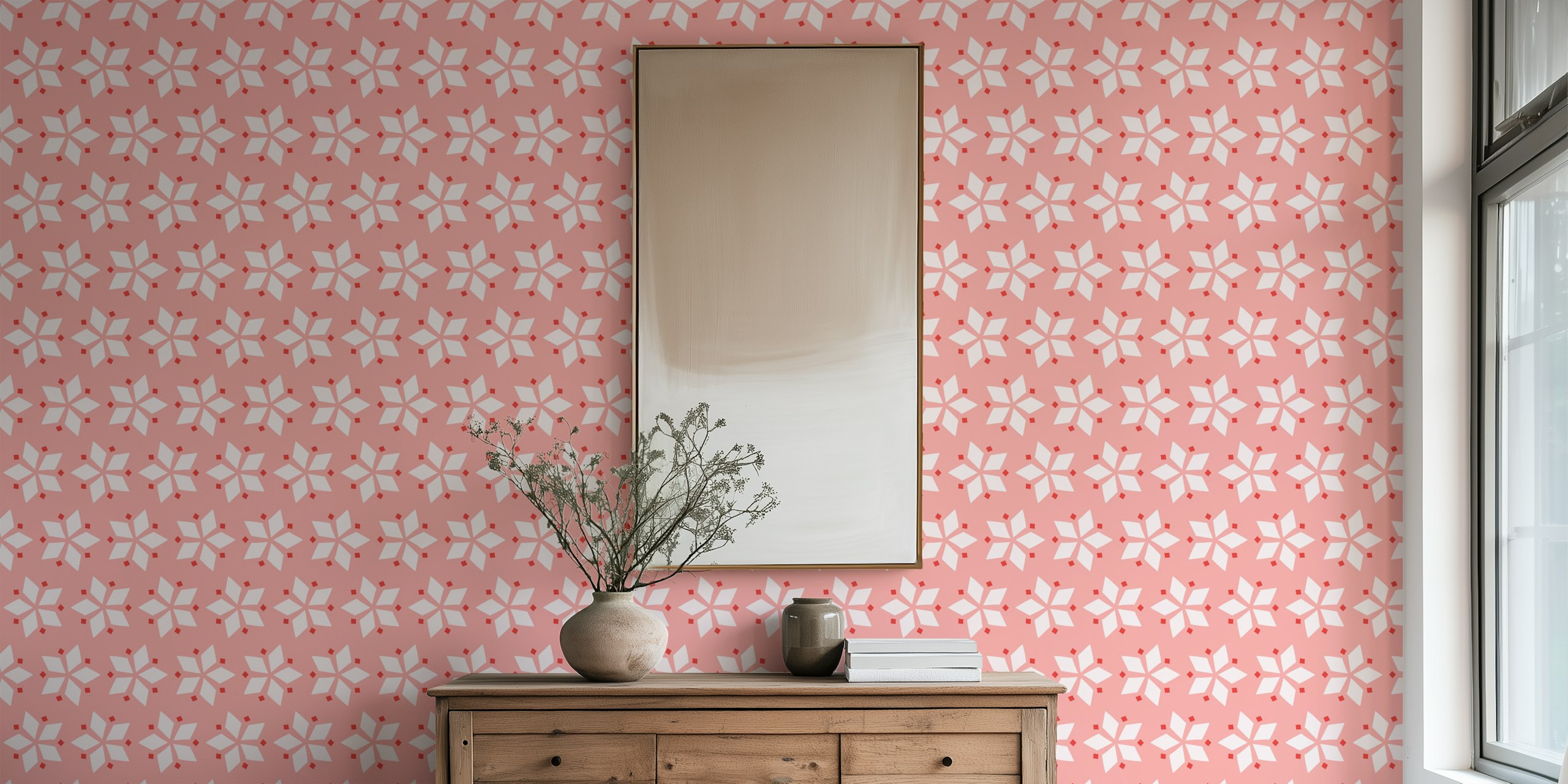 Coral pink mosaic pattern wall mural with geometric floral designs