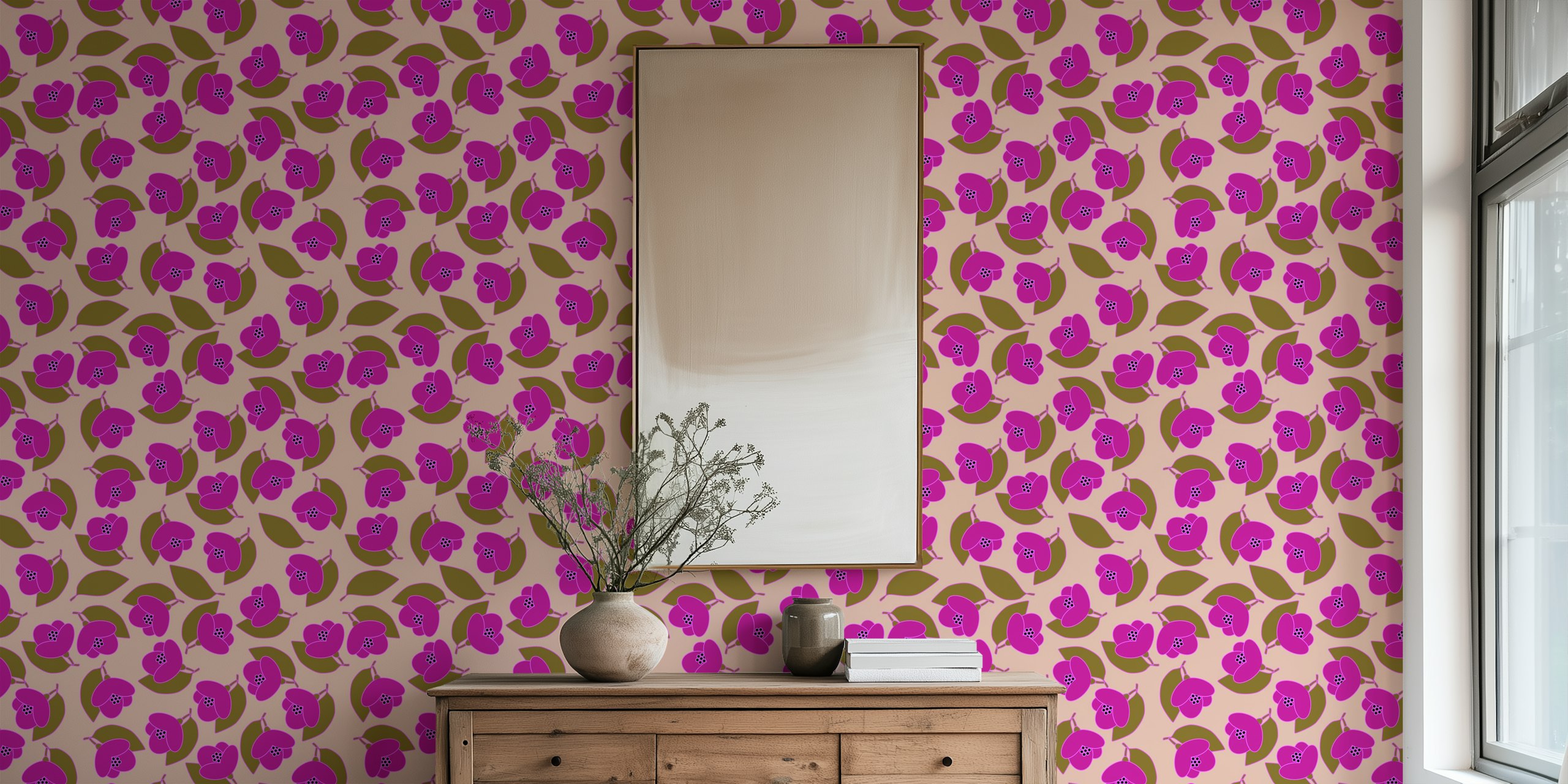 Jasmine flower pattern wall mural with leaves on pastel pink background