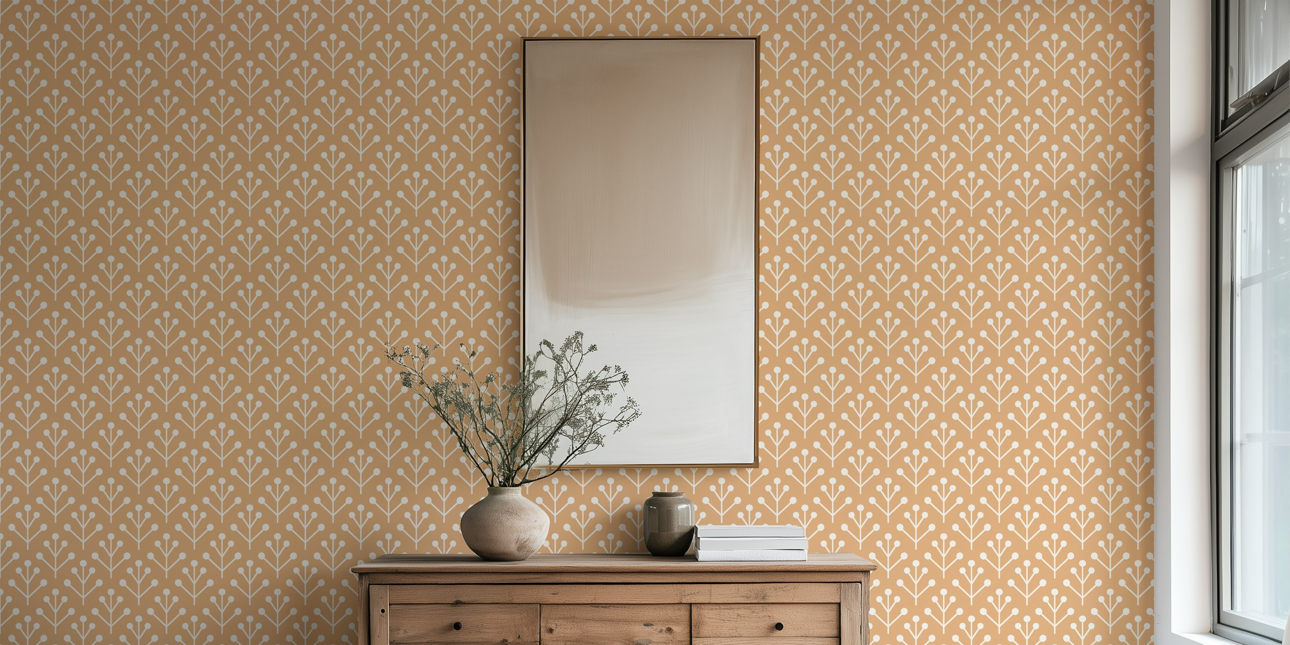 Berry Twig Scandi yellow beige wallpaper in a room