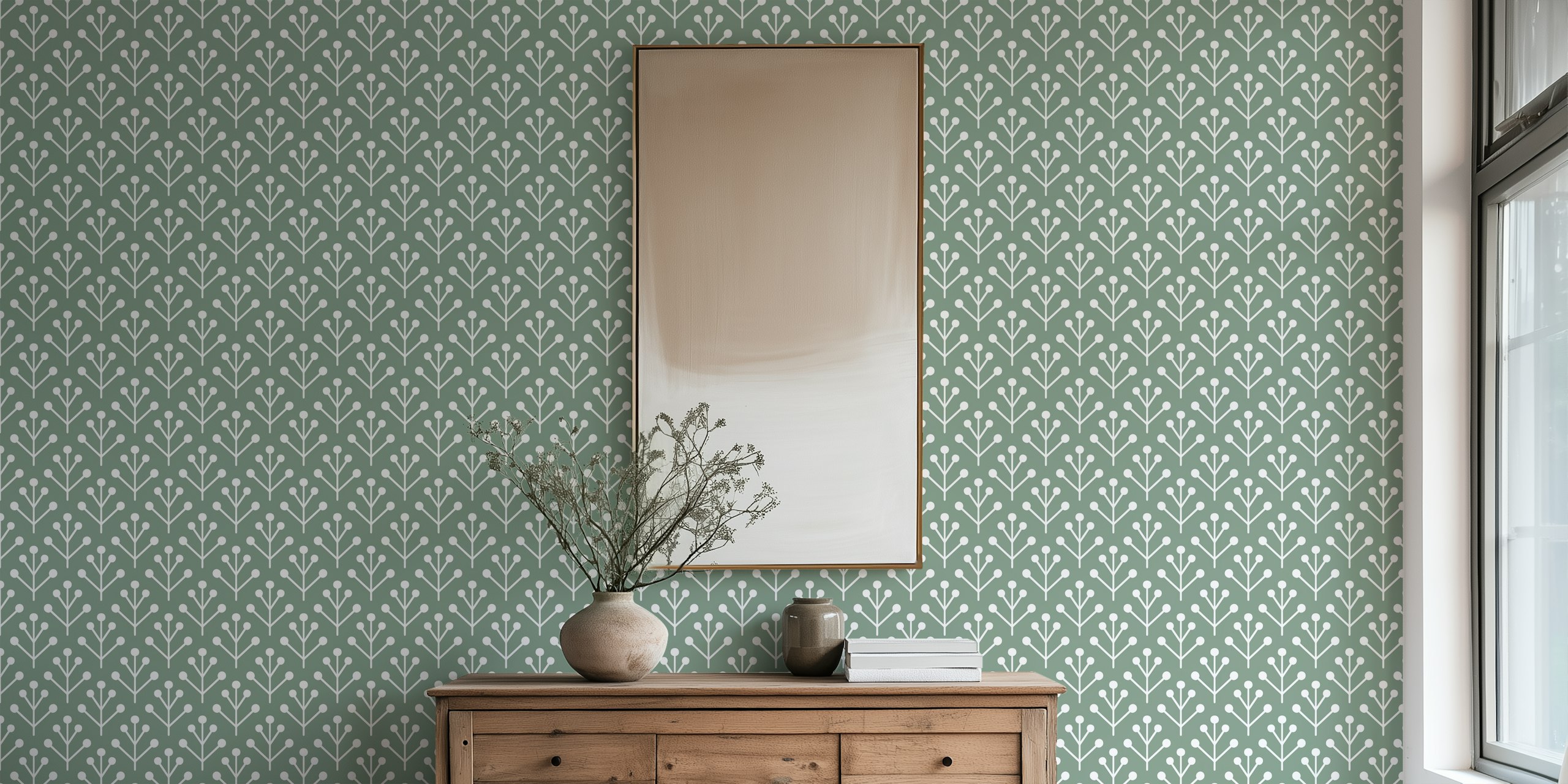 Berry Twig scandi sage green tapetti huoneessa
